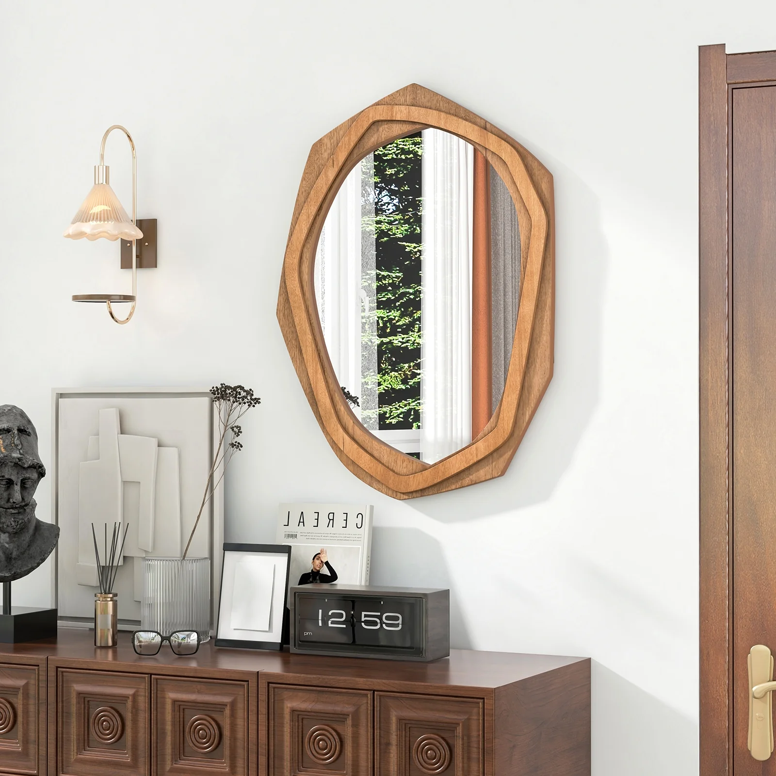 Large Waterproof Irregular Framed Wall Mirror, Natural - Image 6