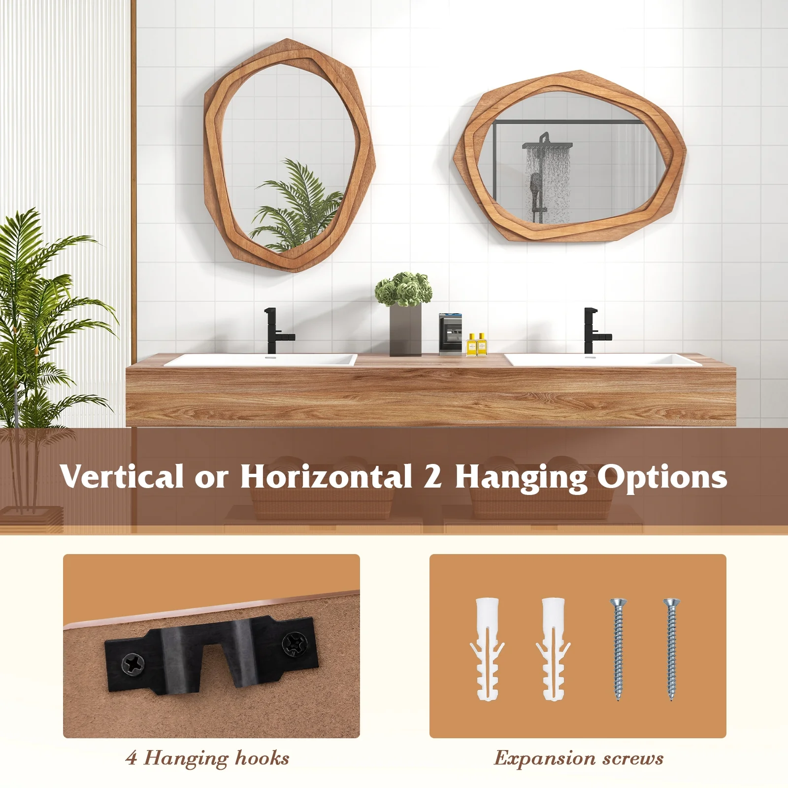 Large Waterproof Irregular Framed Wall Mirror, Natural - Image 8