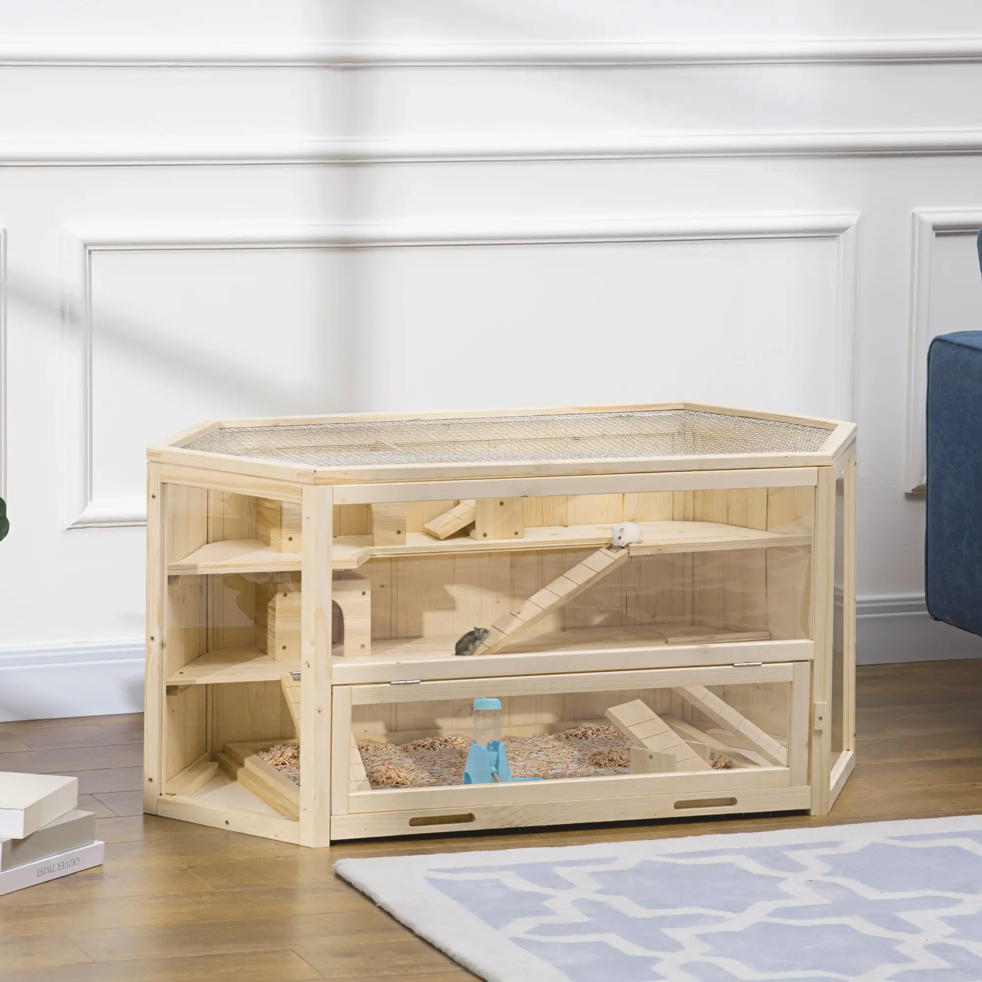 Large Wooden Hamster Cage, 3 Tier with Tray, Seesaws, Water Bottle - Image 2