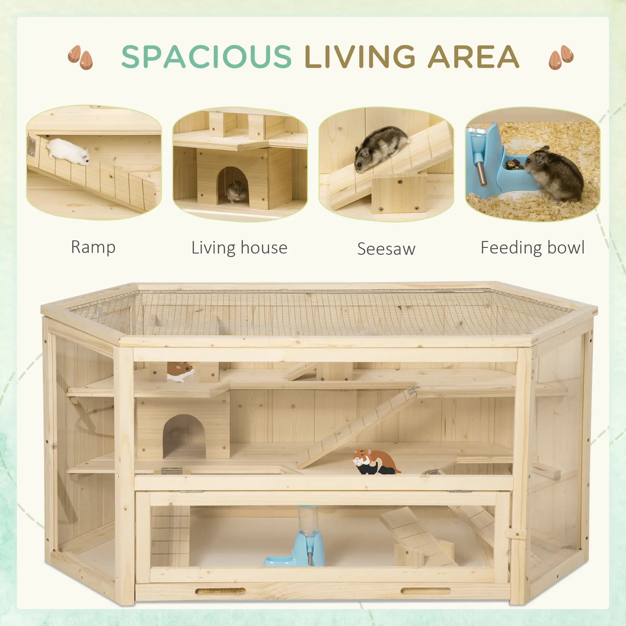 Large Wooden Hamster Cage, 3 Tier with Tray, Seesaws, Water Bottle - Image 4