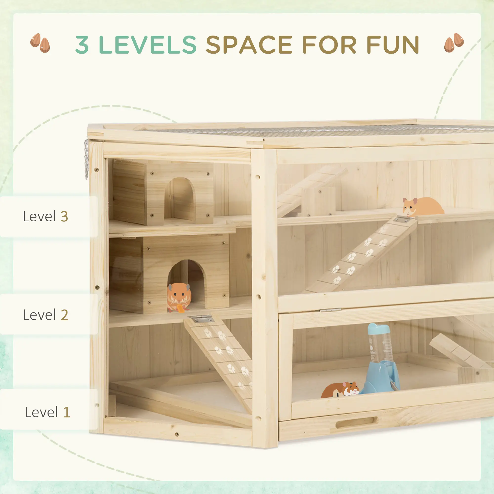 Large Wooden Hamster Cage, 3 Tier with Tray, Seesaws, Water Bottle - Image 5