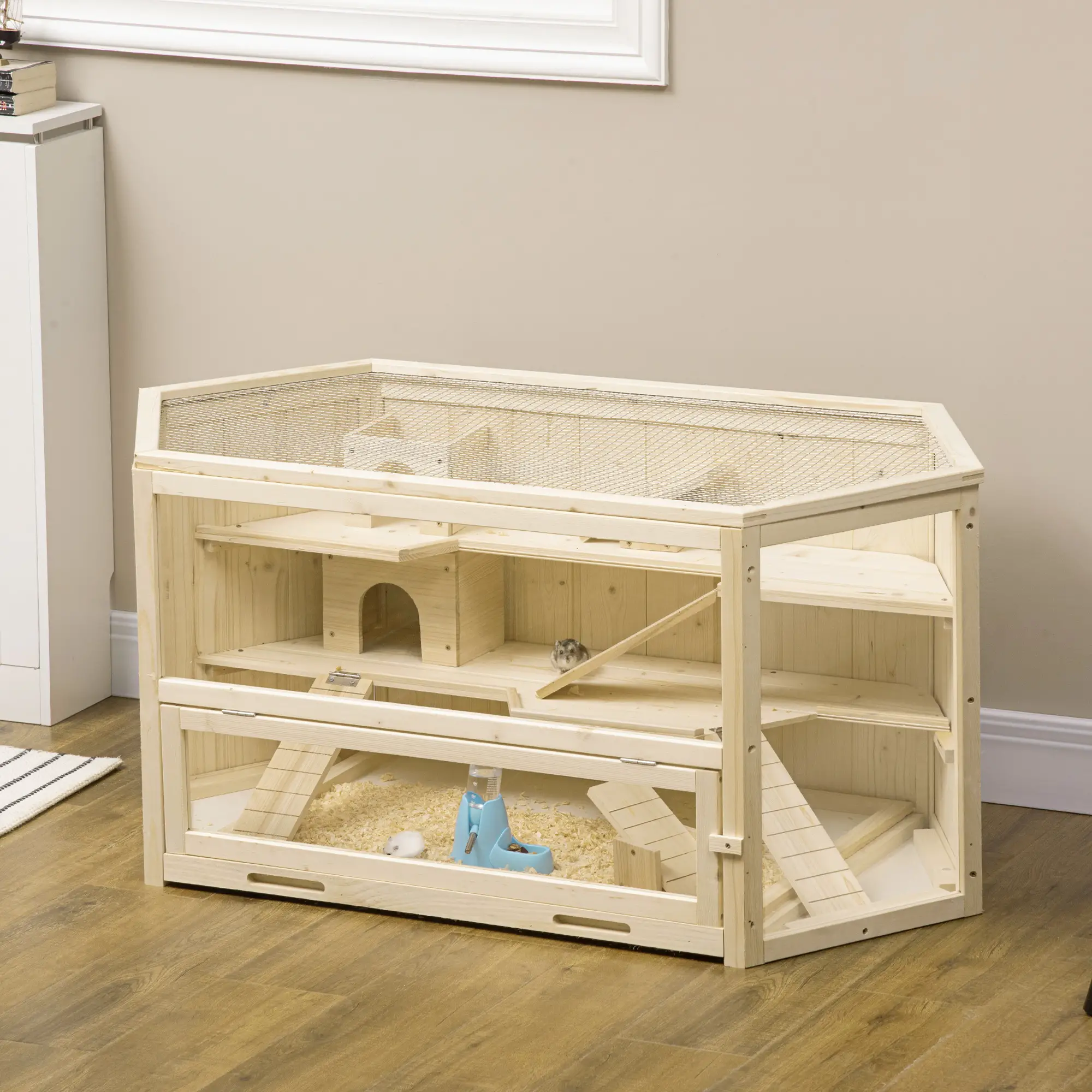 Large Wooden Hamster Cage, 3 Tier with Tray, Seesaws, Water Bottle - Image 8