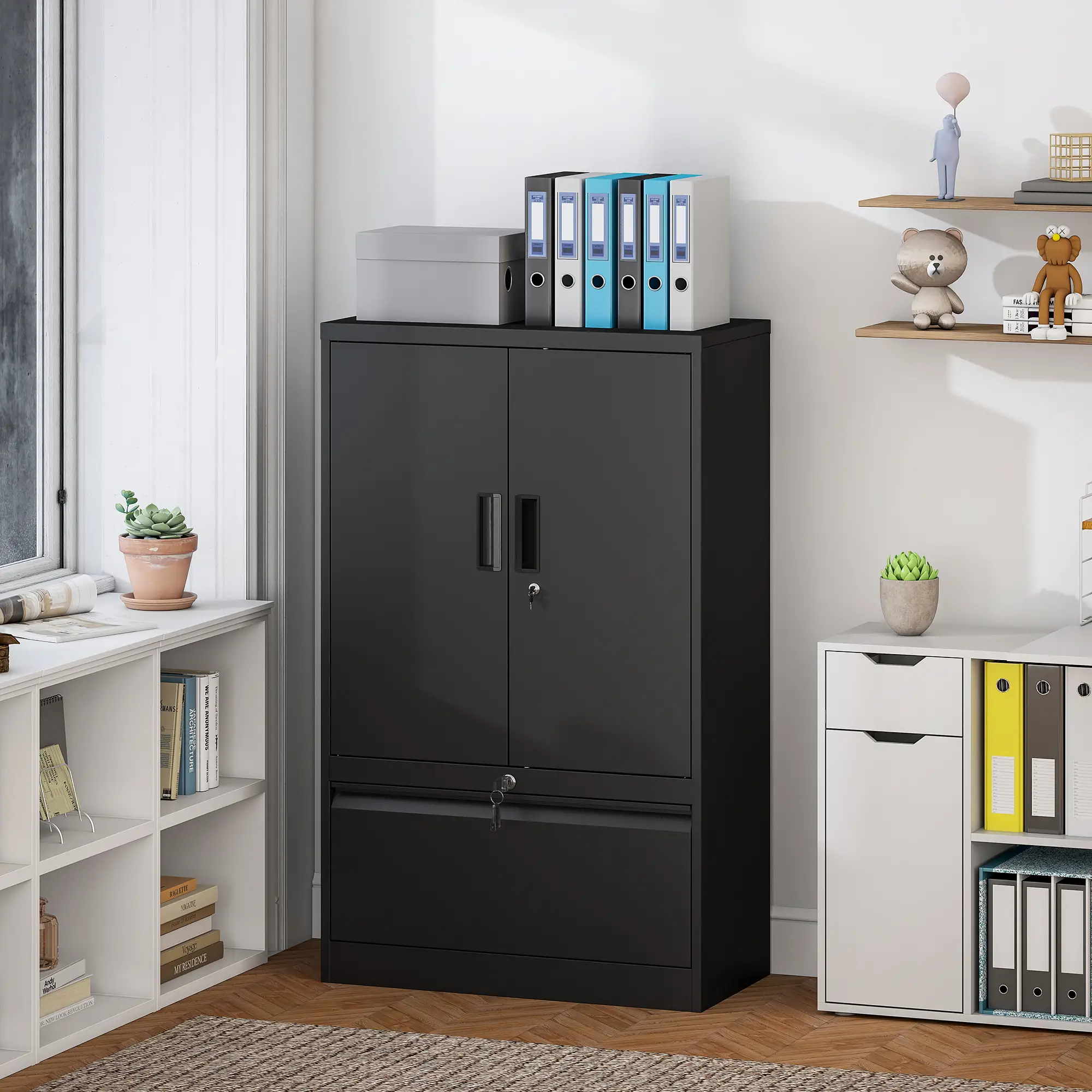 Lateral Filing Cabinet, Metal Storage Cabinet, Black - Image 8