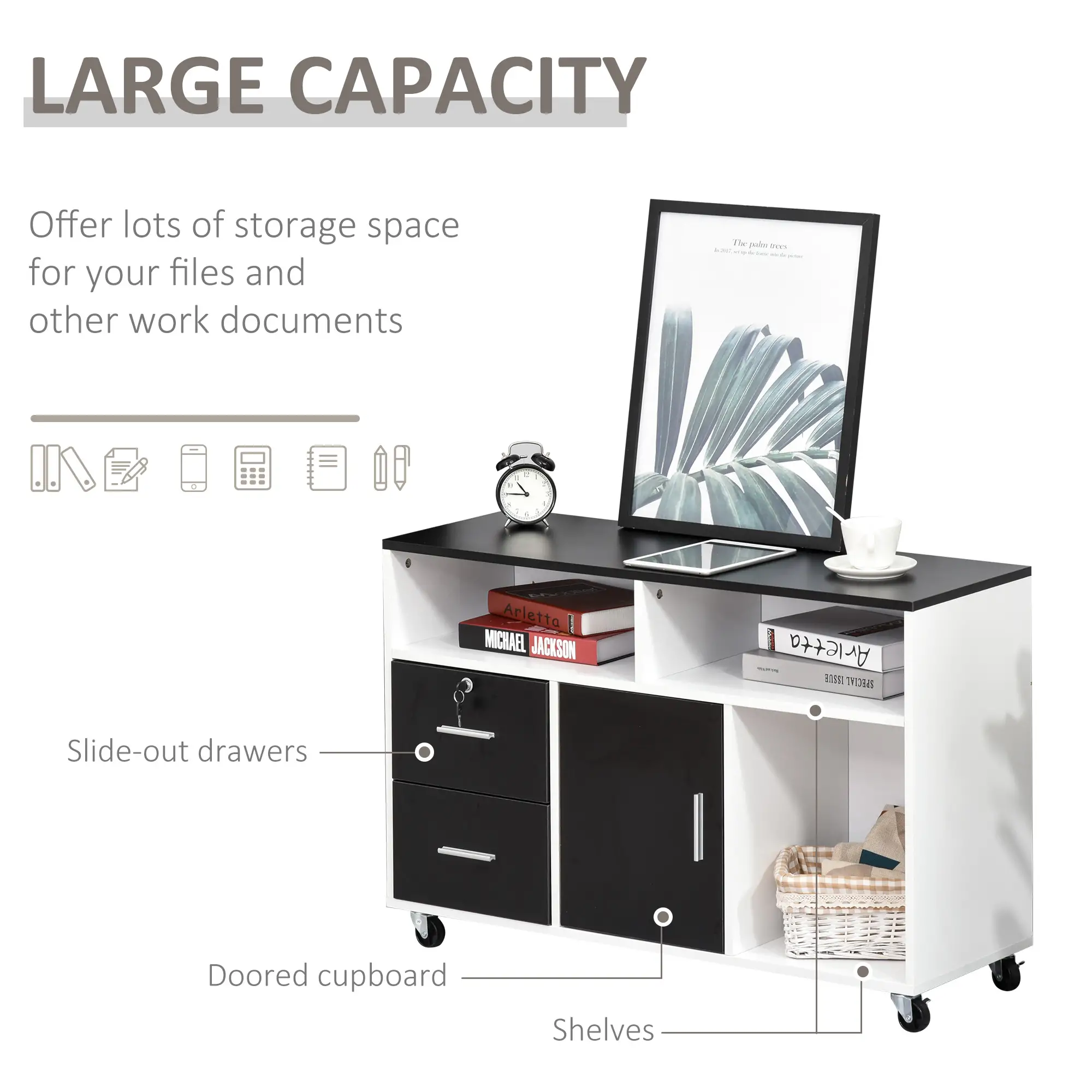 Lateral Filing Cabinet, Mobile with Wheels, Lockable Drawer, Black - Image 4