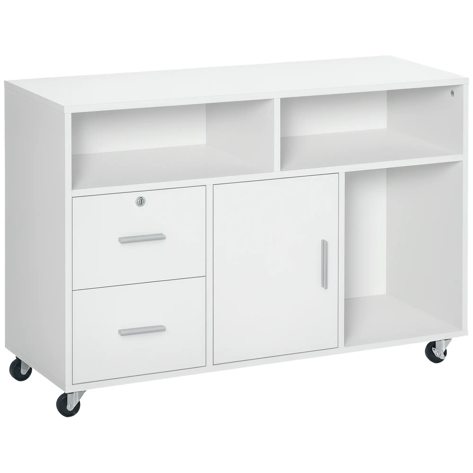 Lateral Filing Cabinet, Open Shelf, Mobile with Wheels, Lockable Drawer, White