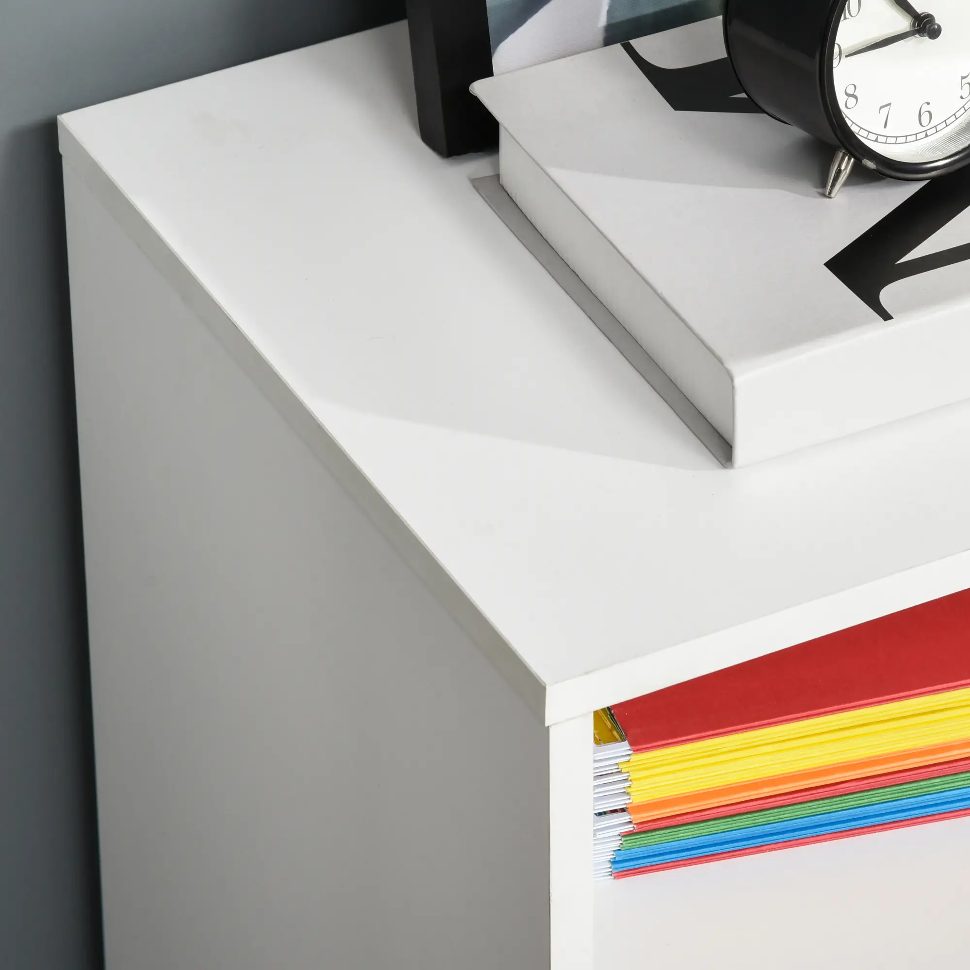 Lateral Filing Cabinet, Open Shelf, Mobile with Wheels, Lockable Drawer, White - Image 10