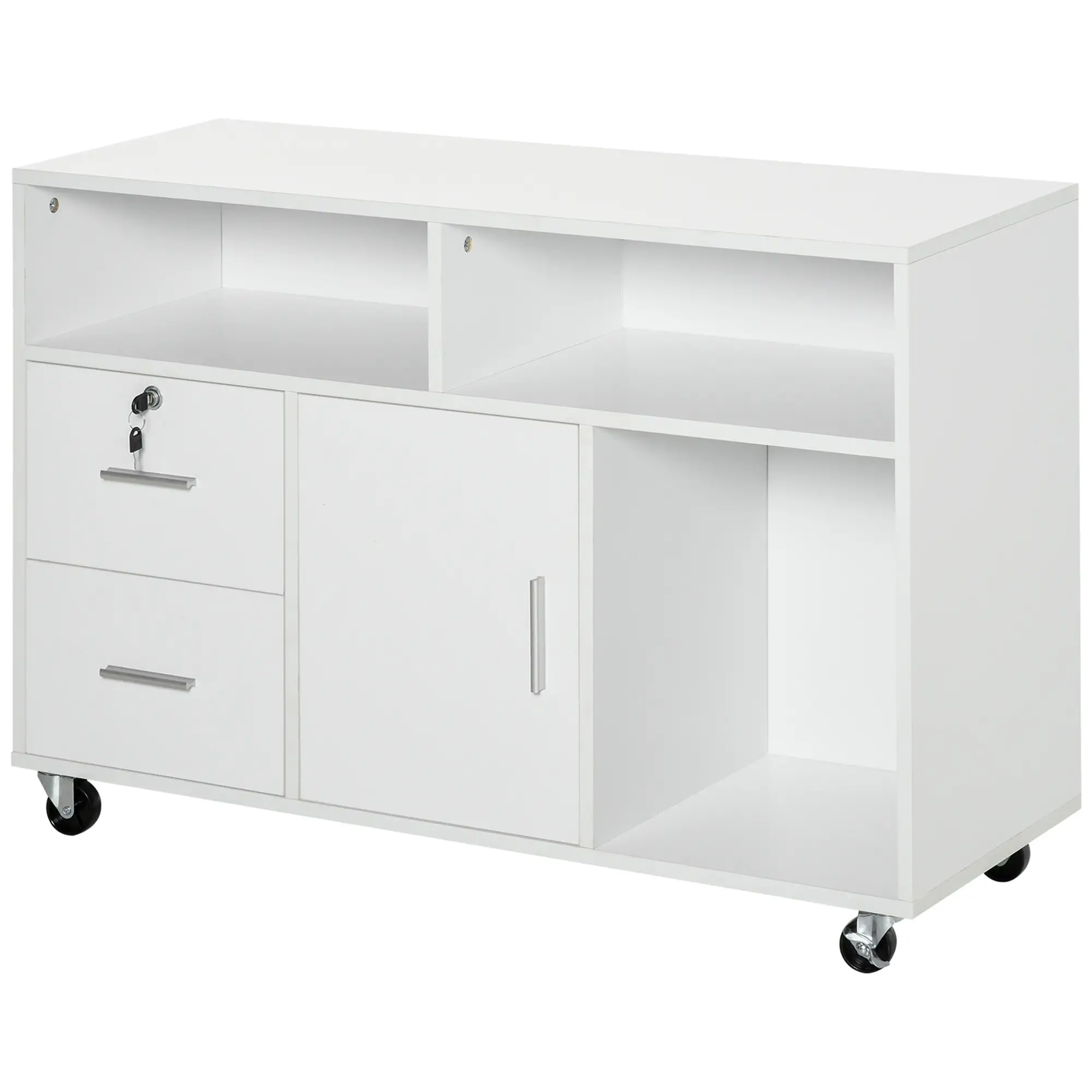 Lateral Filing Cabinet, Open Shelf, Mobile with Wheels, Lockable Drawer, White - Image 11
