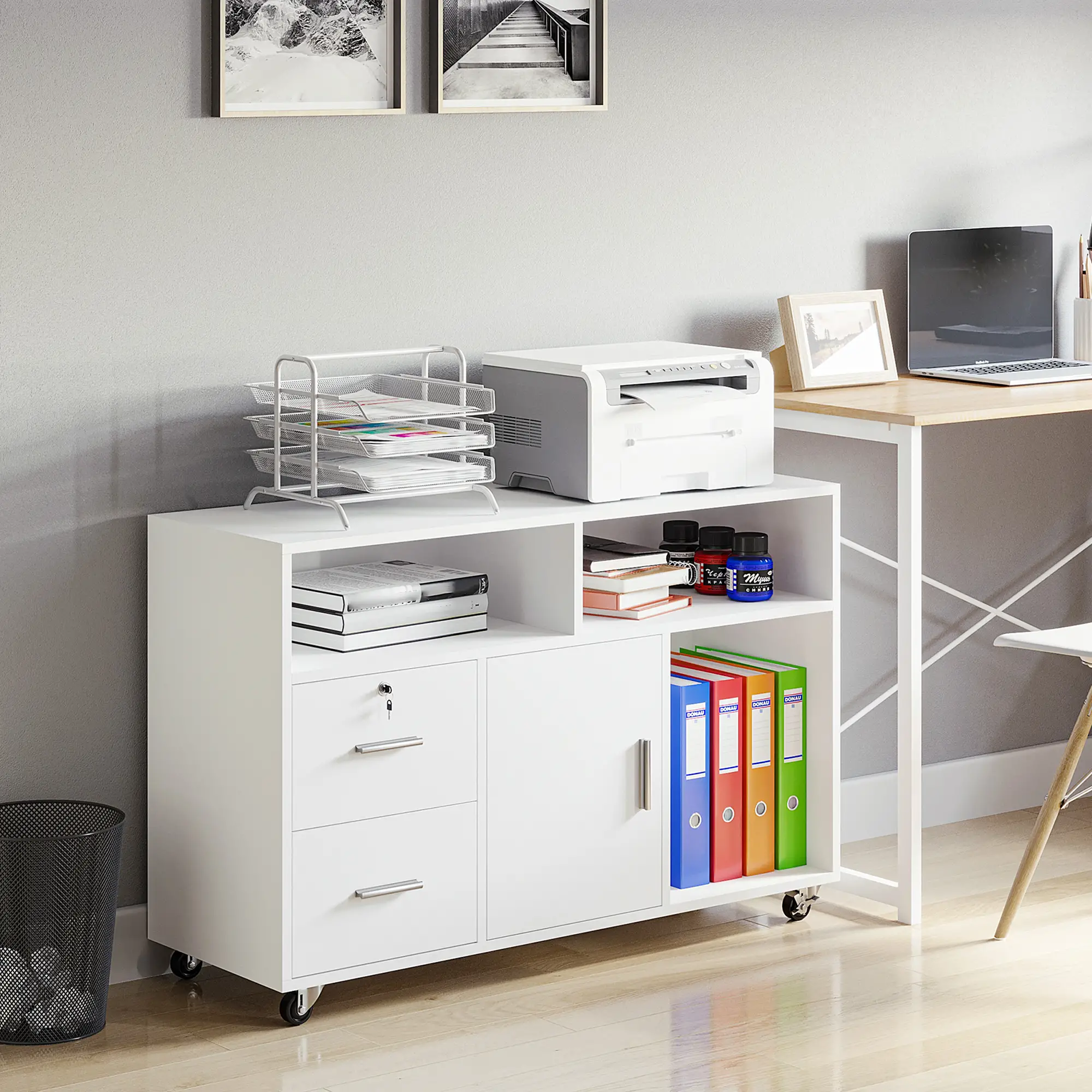 Lateral Filing Cabinet, Open Shelf, Mobile with Wheels, Lockable Drawer, White - Image 2