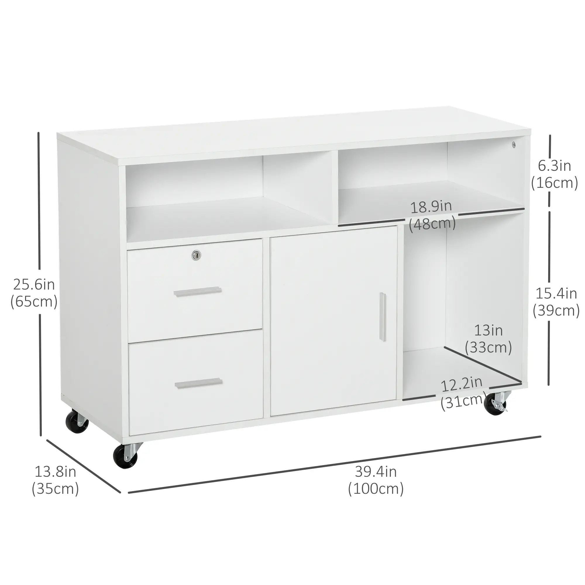 Lateral Filing Cabinet, Open Shelf, Mobile with Wheels, Lockable Drawer, White - Image 3