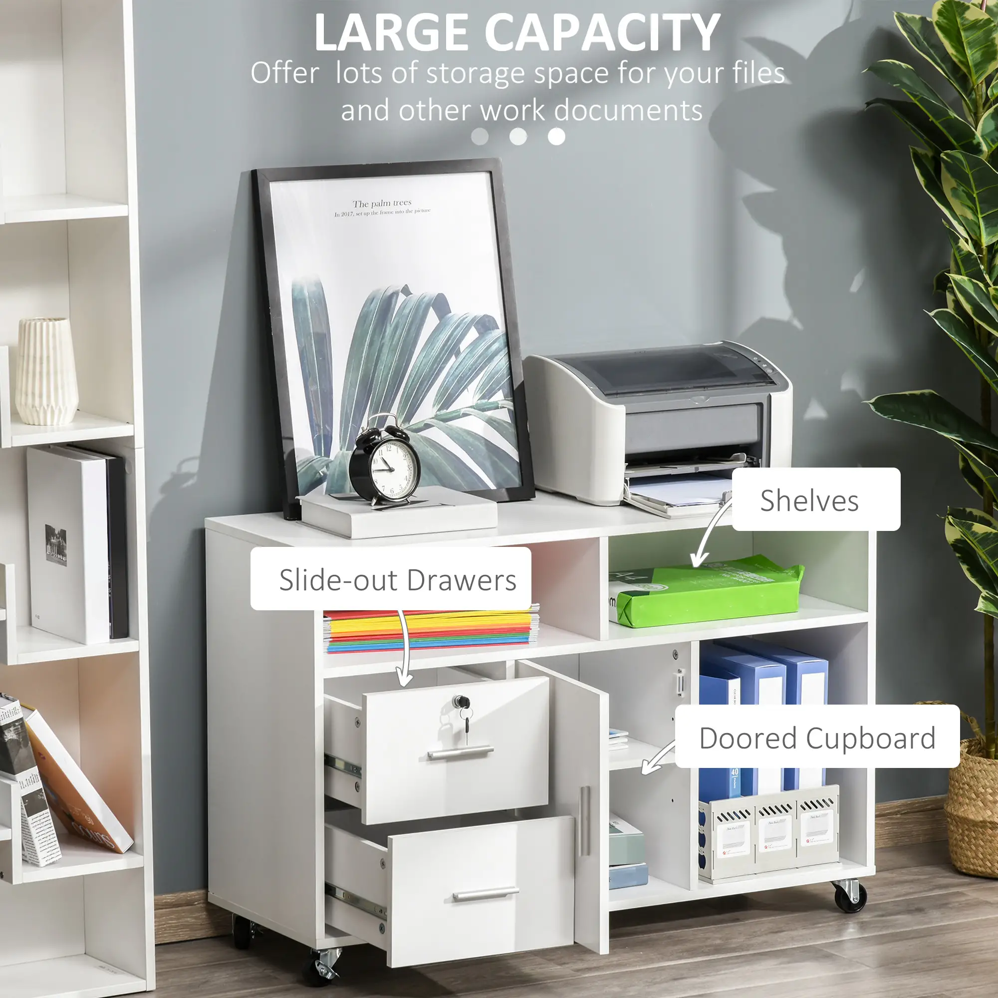 Lateral Filing Cabinet, Open Shelf, Mobile with Wheels, Lockable Drawer, White - Image 4