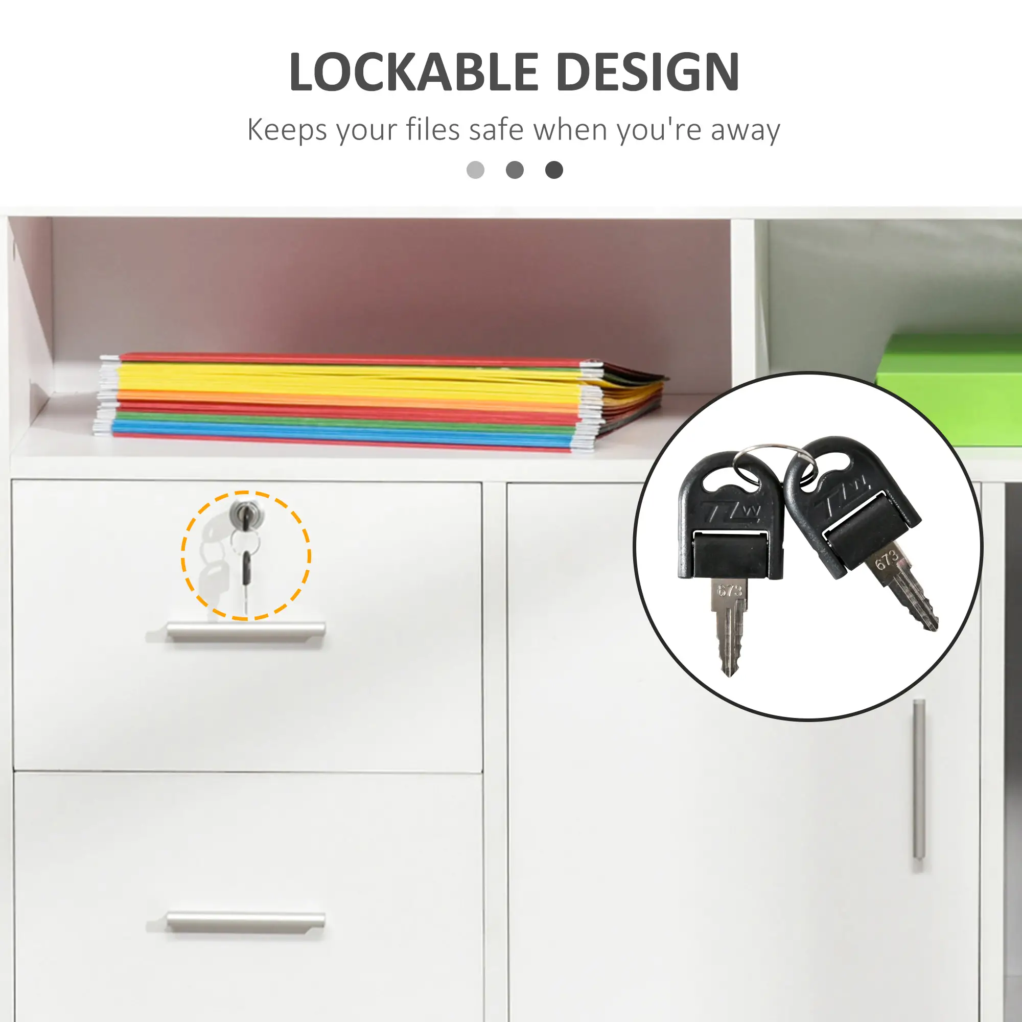 Lateral Filing Cabinet, Open Shelf, Mobile with Wheels, Lockable Drawer, White - Image 6