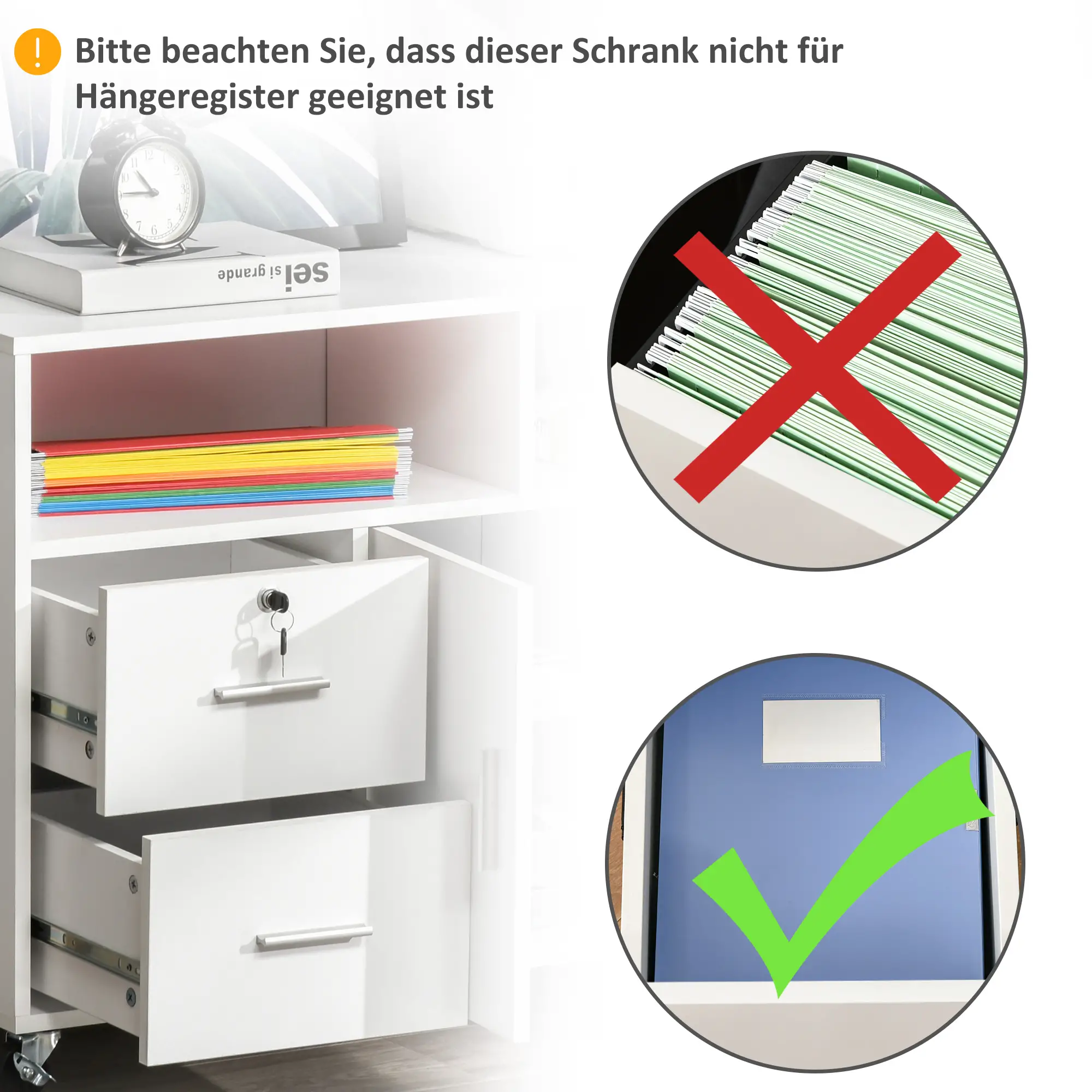 Lateral Filing Cabinet, Open Shelf, Mobile with Wheels, Lockable Drawer, White - Image 7