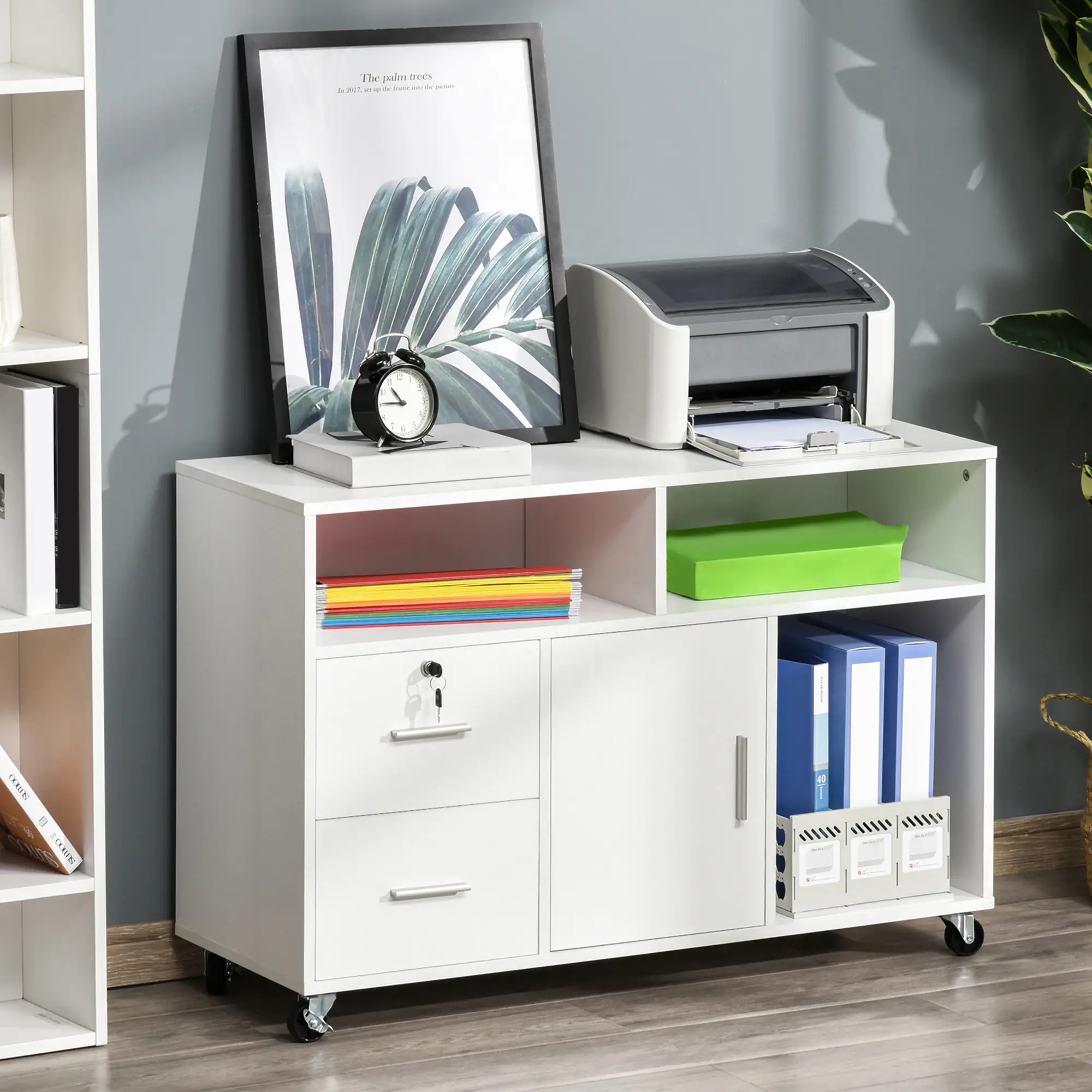 Lateral Filing Cabinet, Open Shelf, Mobile with Wheels, Lockable Drawer, White - Image 8