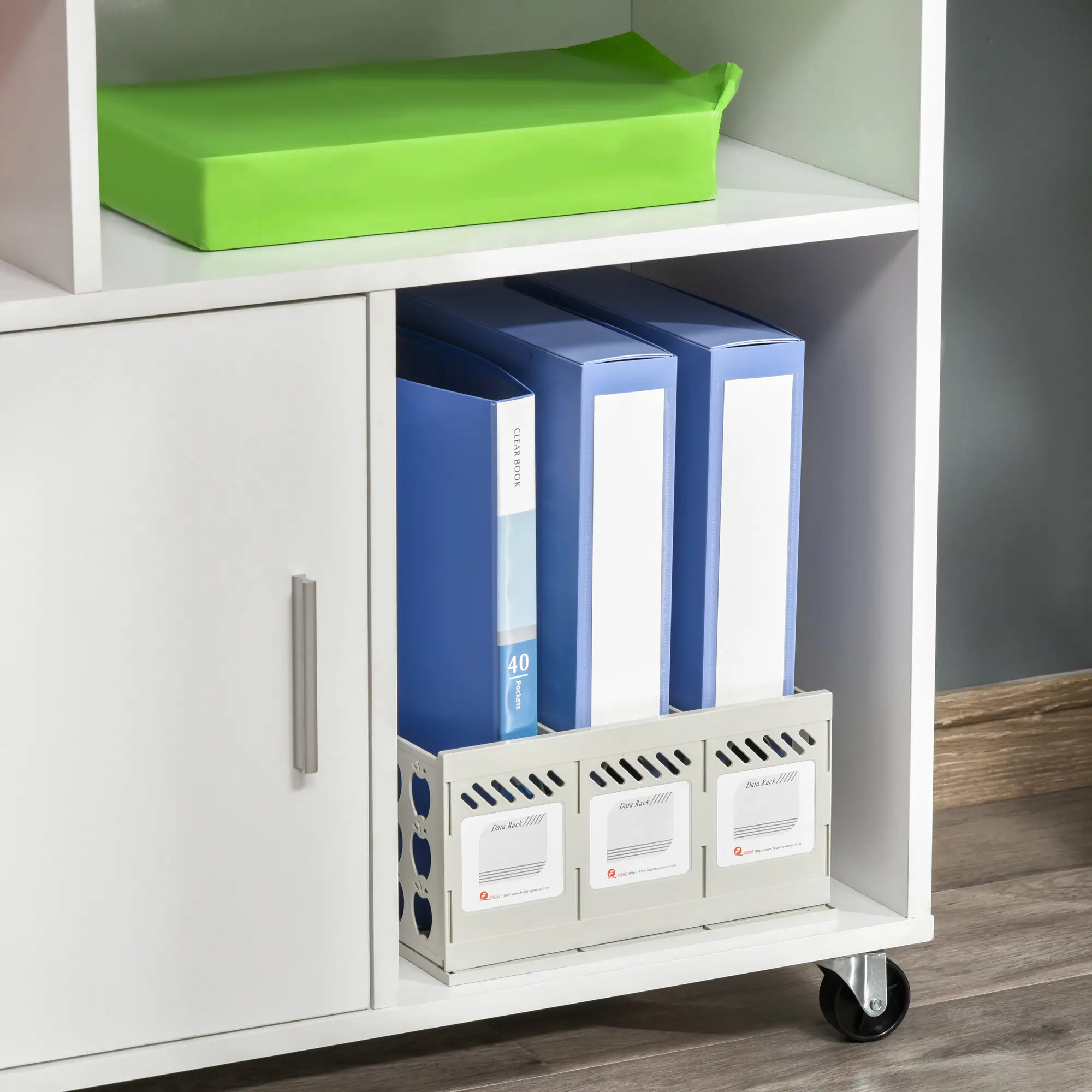 Lateral Filing Cabinet, Open Shelf, Mobile with Wheels, Lockable Drawer, White - Image 9