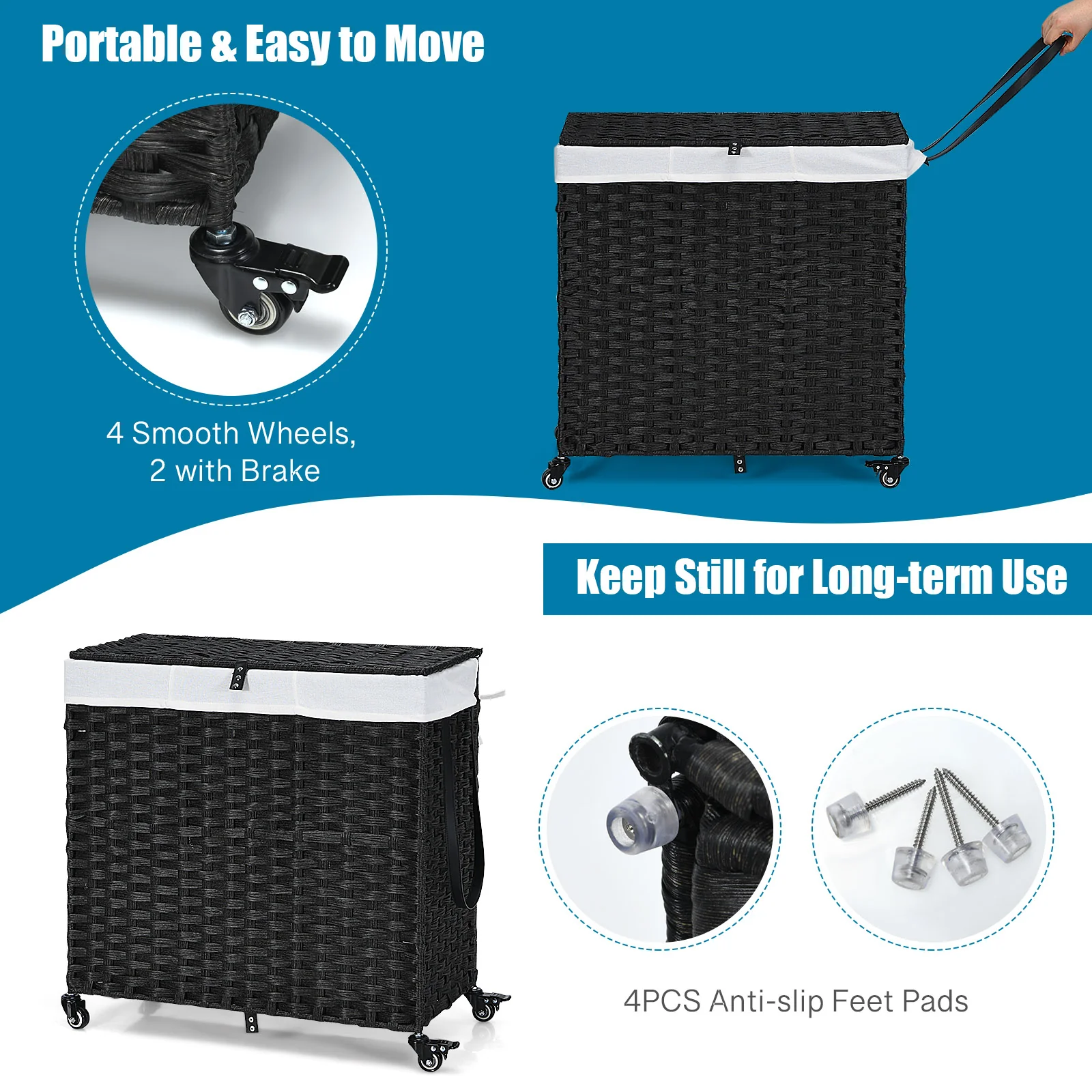 Laundry Hamper with Wheels and Lid, Black - Image 10