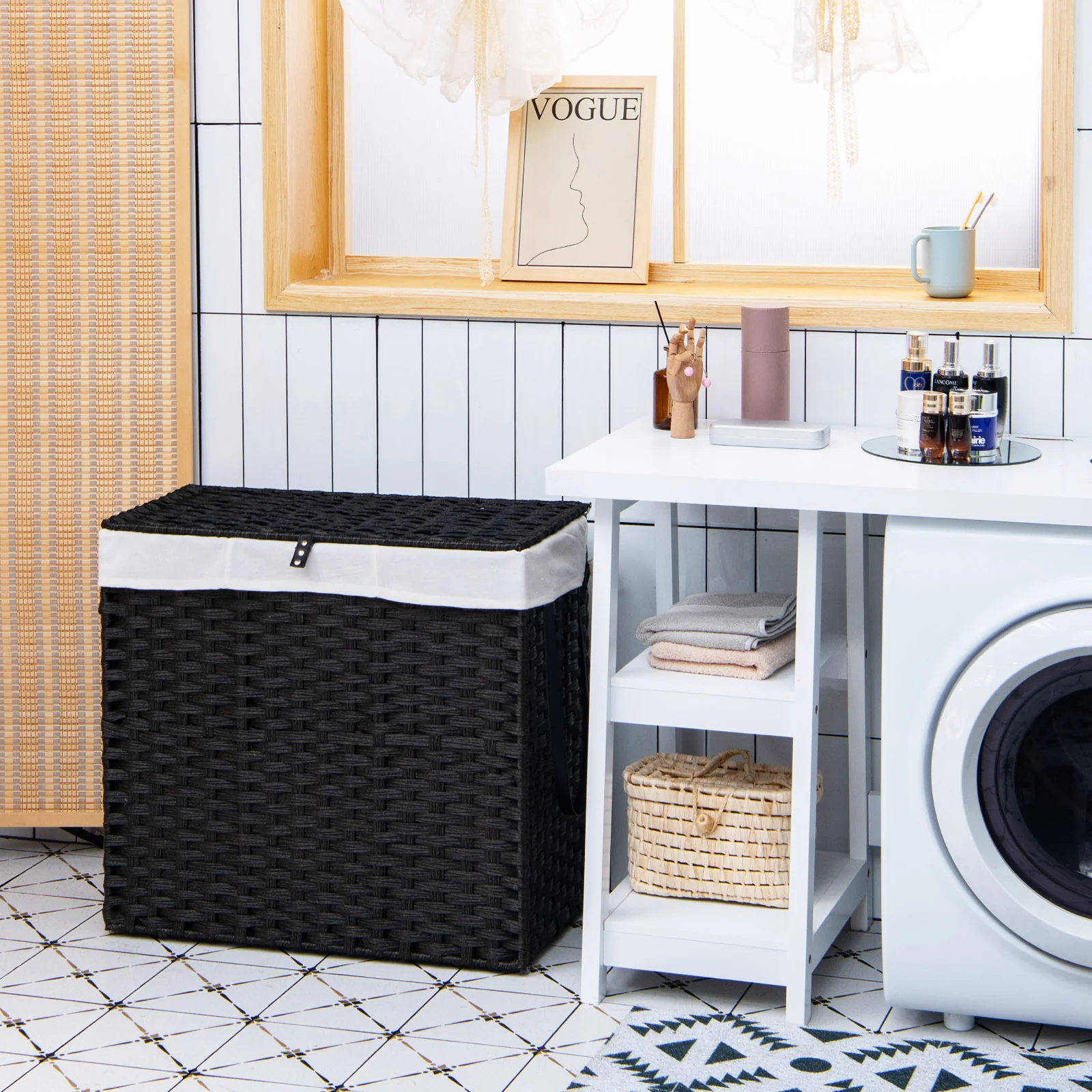 Laundry Hamper with Wheels and Lid, Black - Image 2
