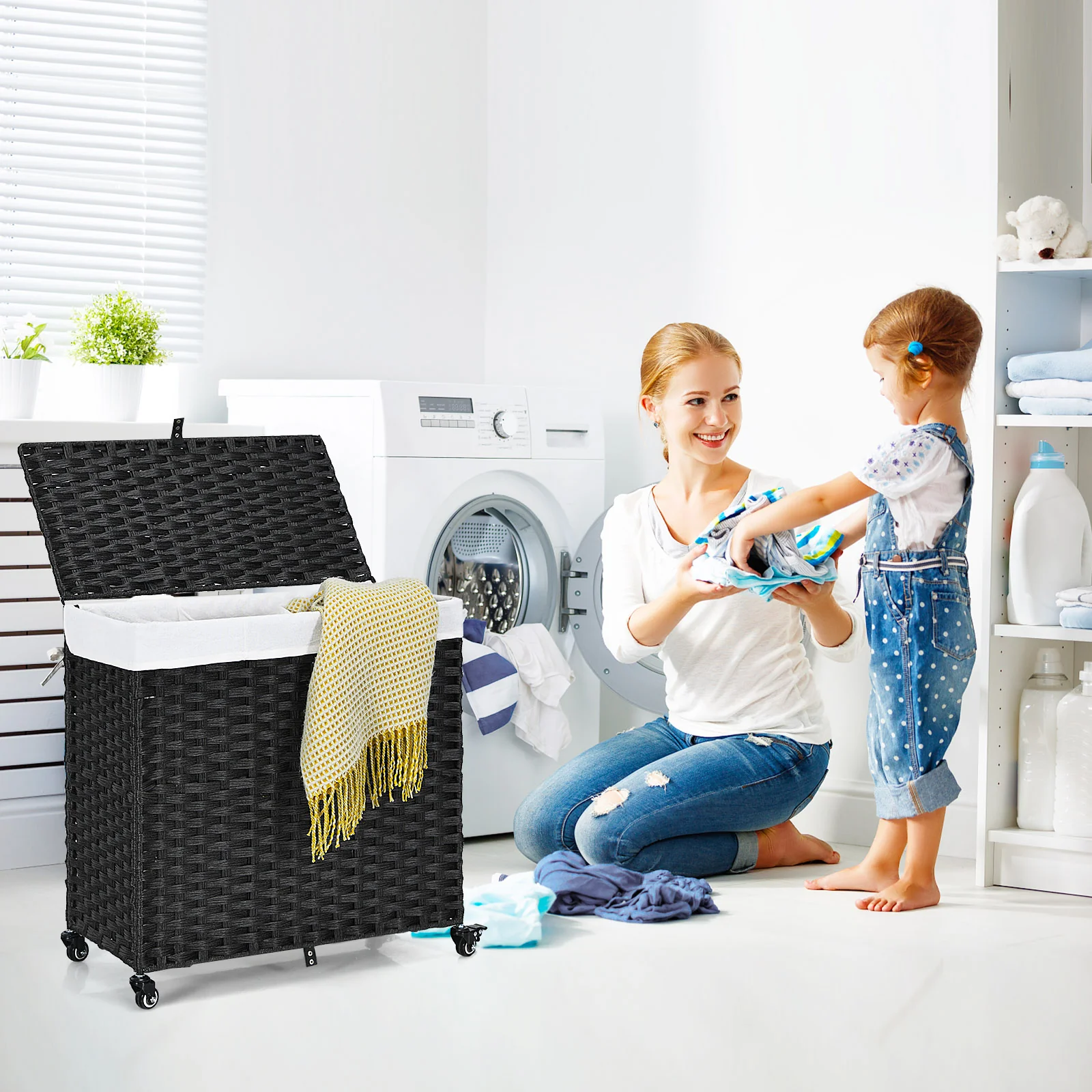 Laundry Hamper with Wheels and Lid, Black - Image 3