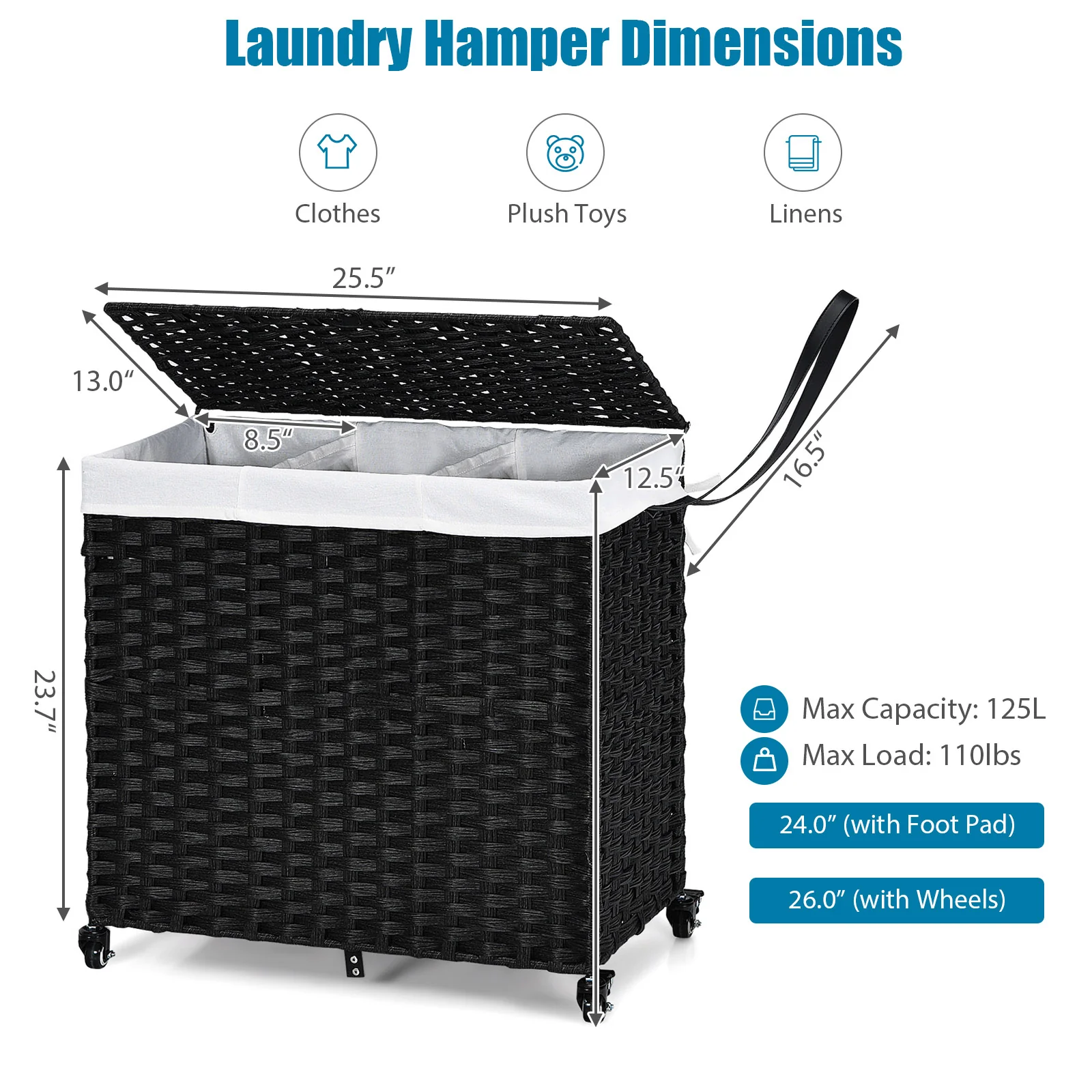 Laundry Hamper with Wheels and Lid, Black - Image 5