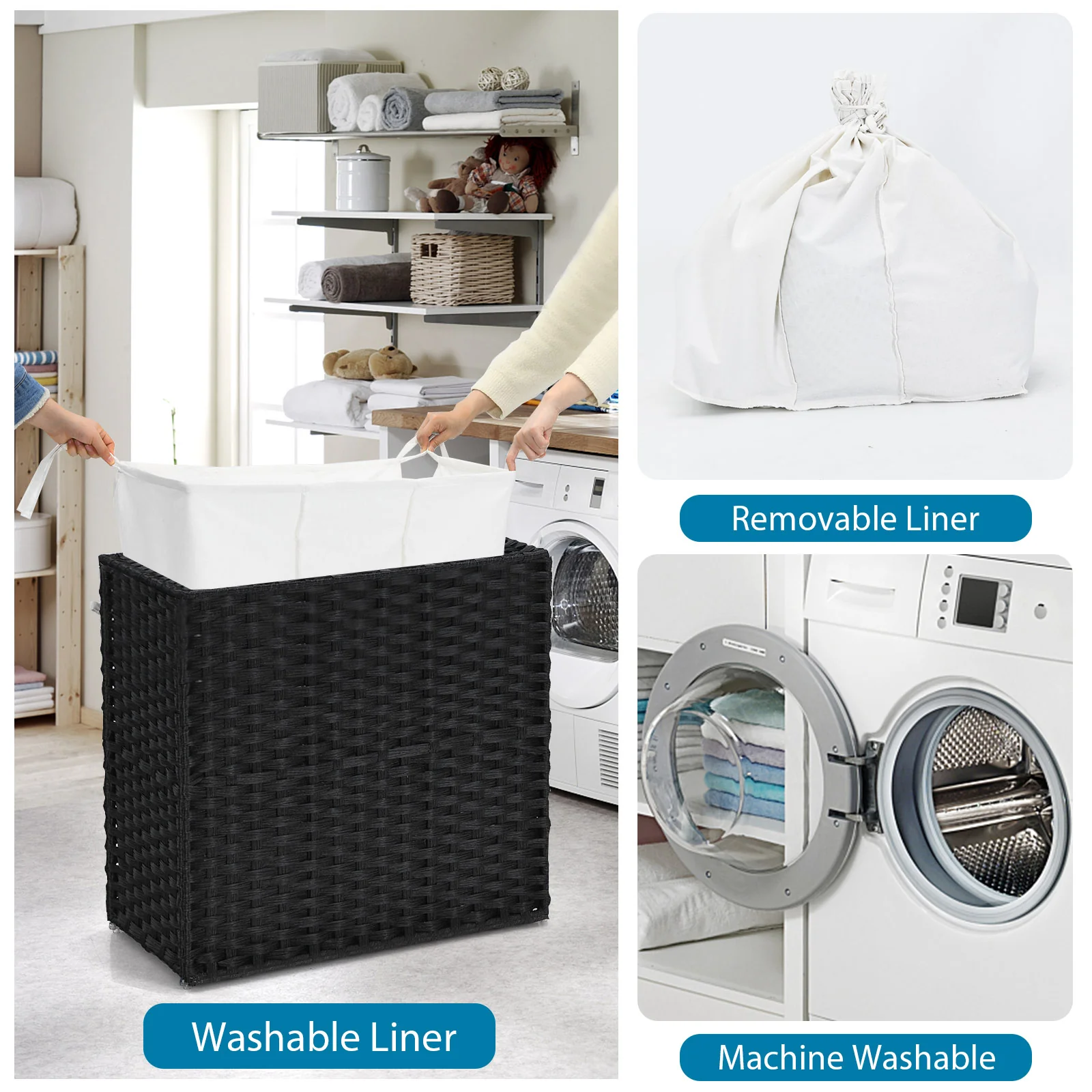 Laundry Hamper with Wheels and Lid, Black - Image 7