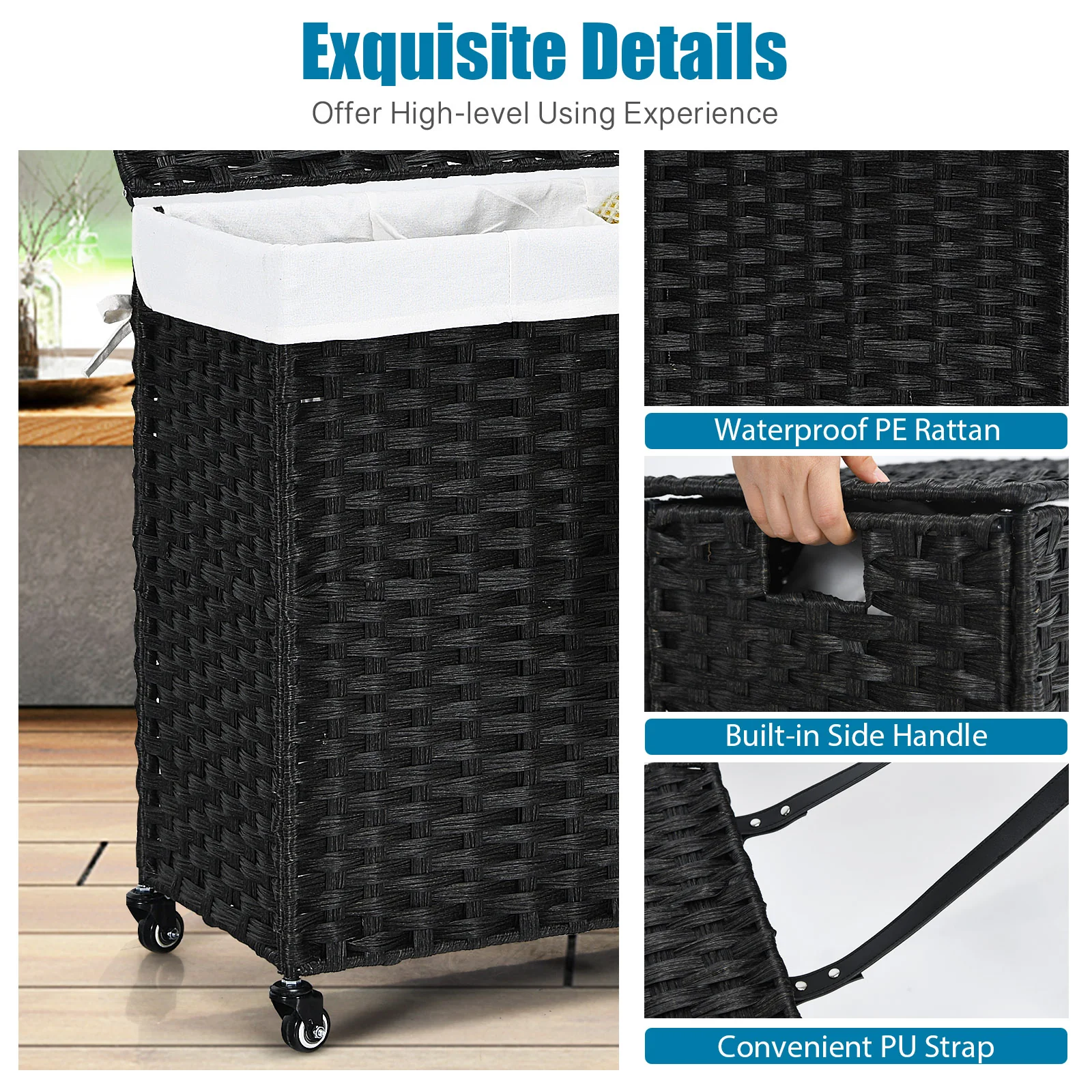 Laundry Hamper with Wheels and Lid, Black - Image 9