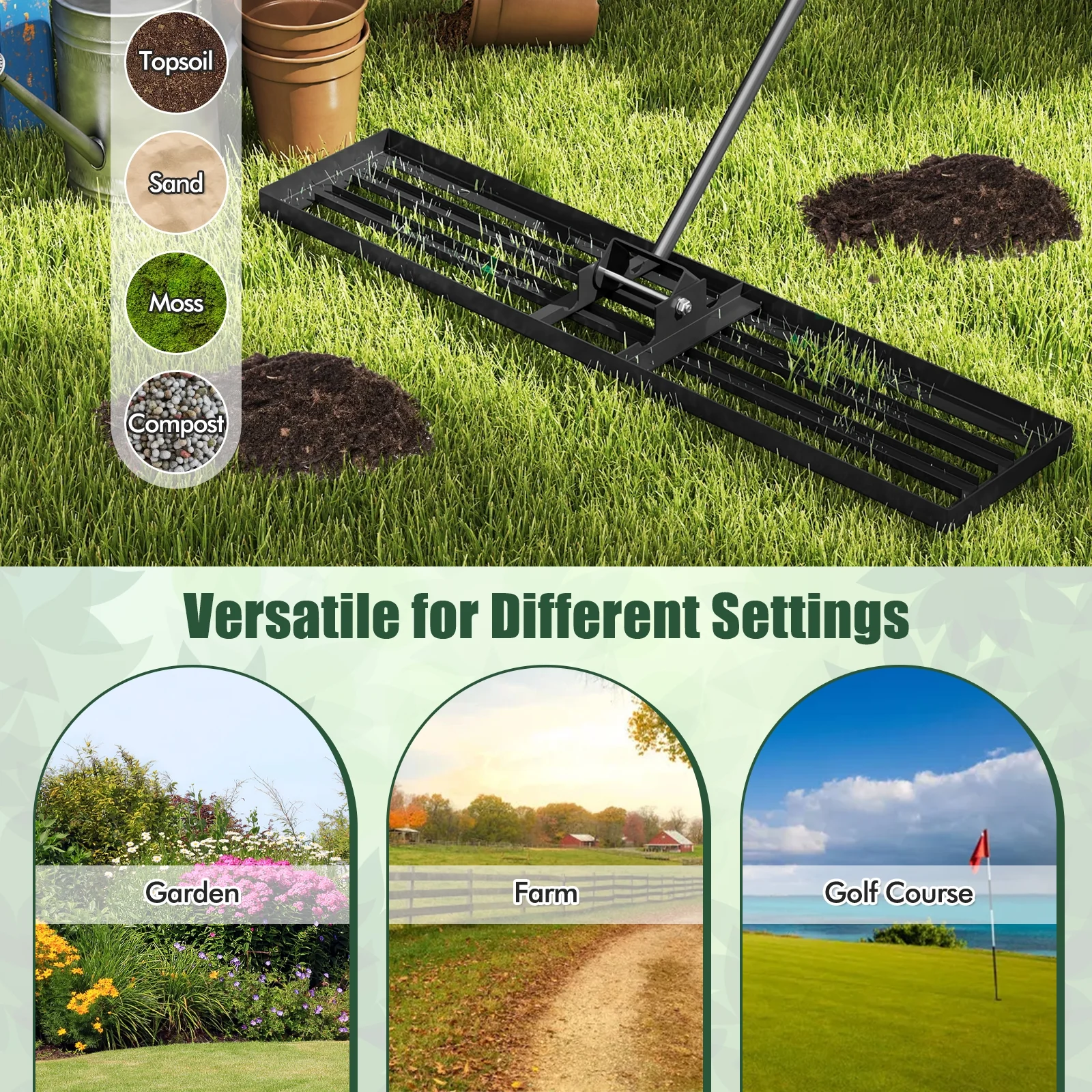 Lawn Leveling Rake, 46 x 10 Inch, Heavy Duty, Black - Image 7