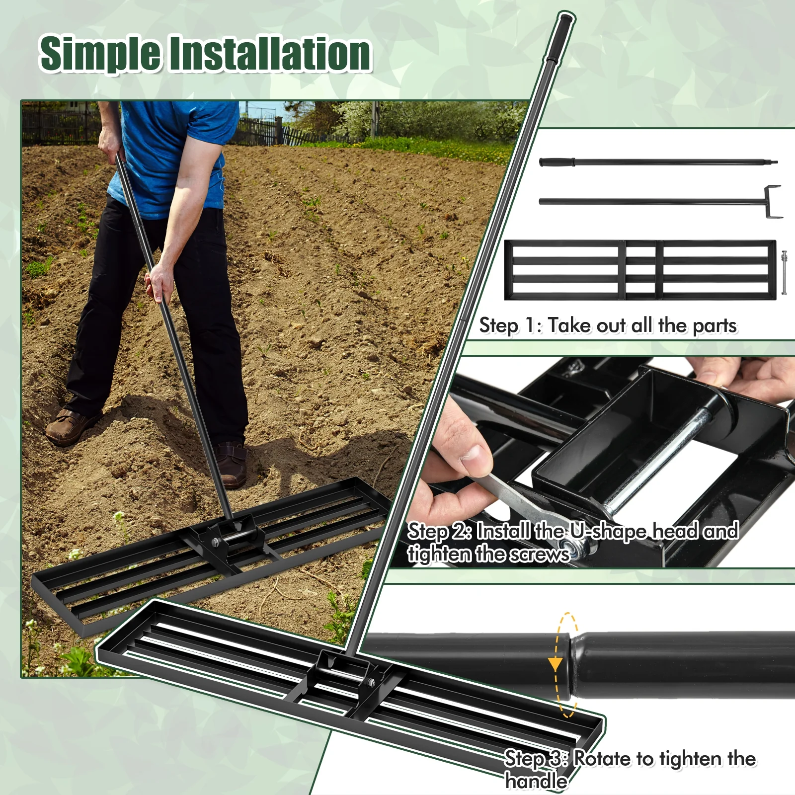 Lawn Leveling Rake, 46 x 10 Inch, Heavy Duty, Black - Image 9