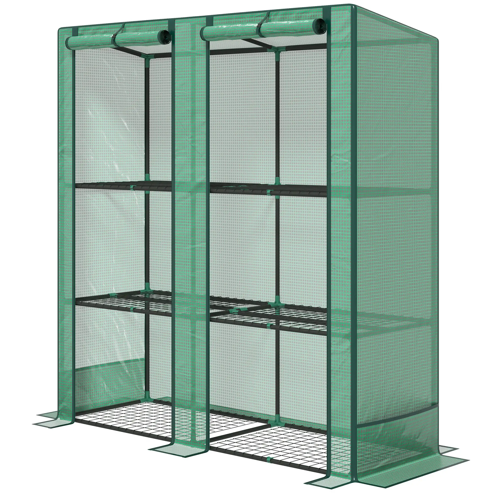 Lean-To Greenhouse, 3 Tier Shelves, 2 Roll-Up Doors, Indoor Outdoor, Green