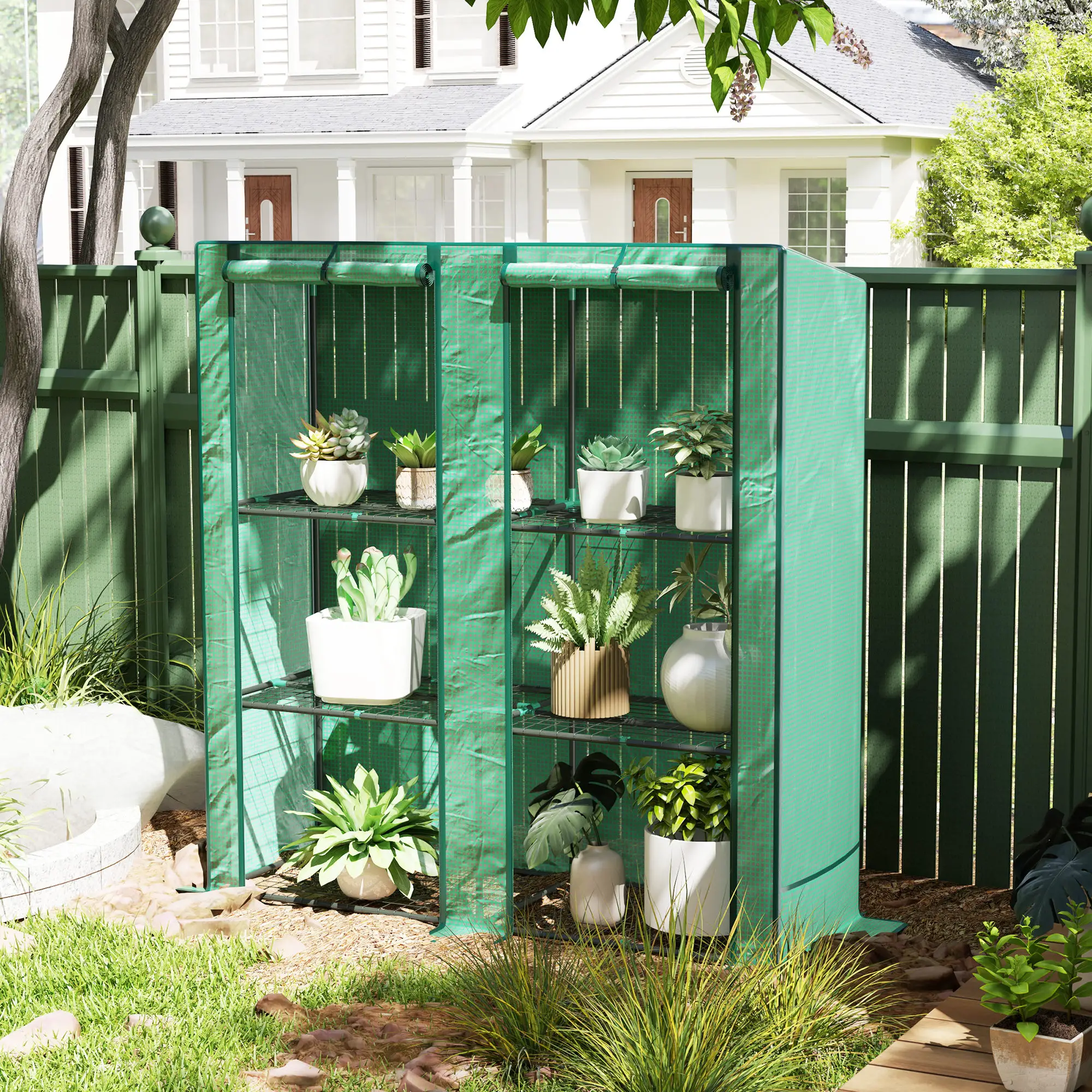 Lean-To Greenhouse, 3 Tier Shelves, 2 Roll-Up Doors, Indoor Outdoor, Green - Image 2