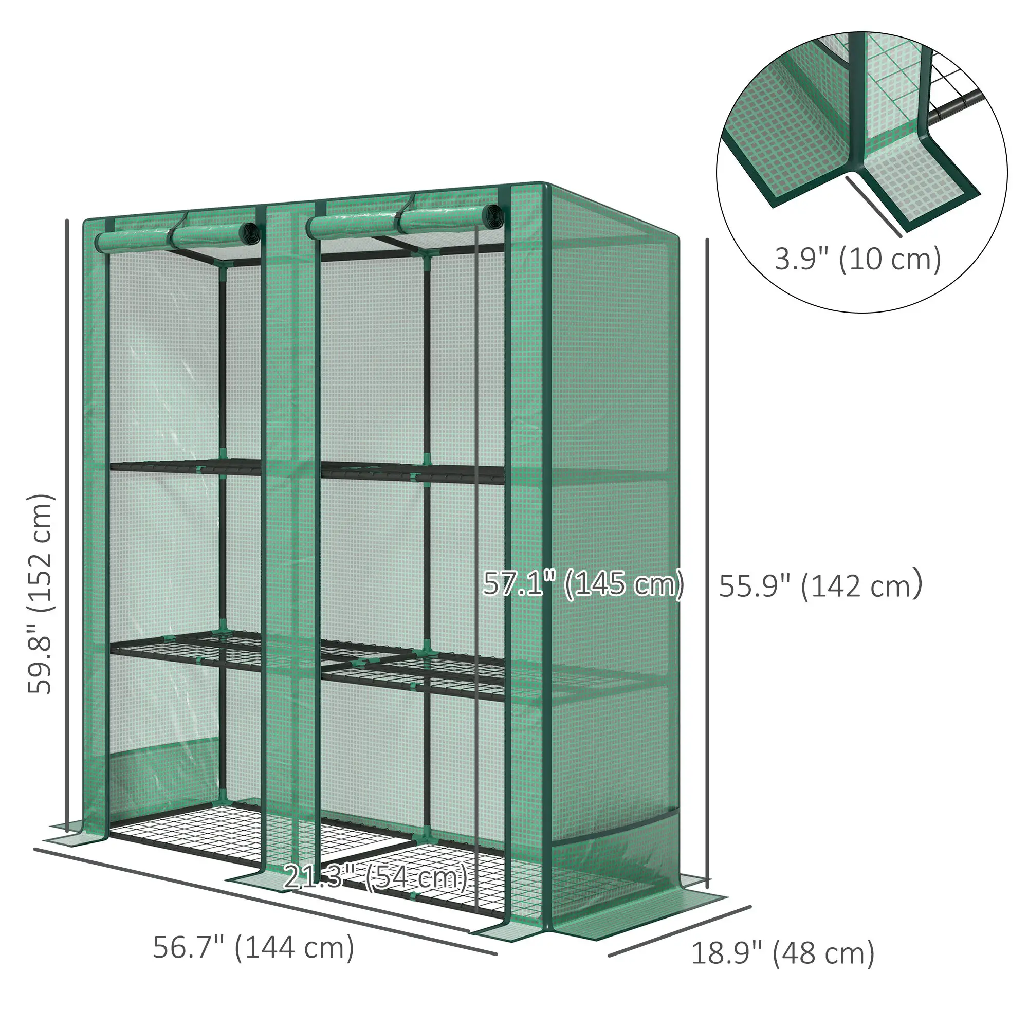 Lean-To Greenhouse, 3 Tier Shelves, 2 Roll-Up Doors, Indoor Outdoor, Green - Image 3