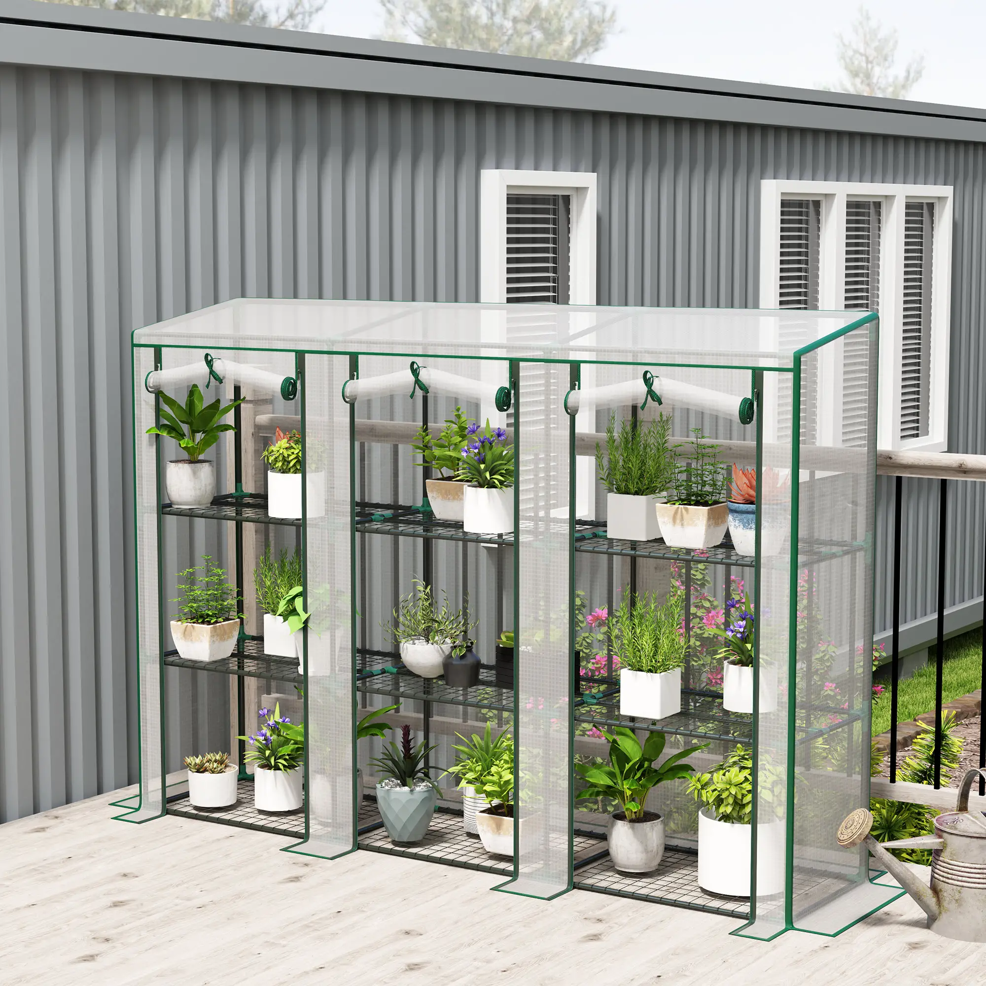 Lean-To Greenhouse, 3 Tier Shelves, 3 Roll-Up Doors, White - Image 2
