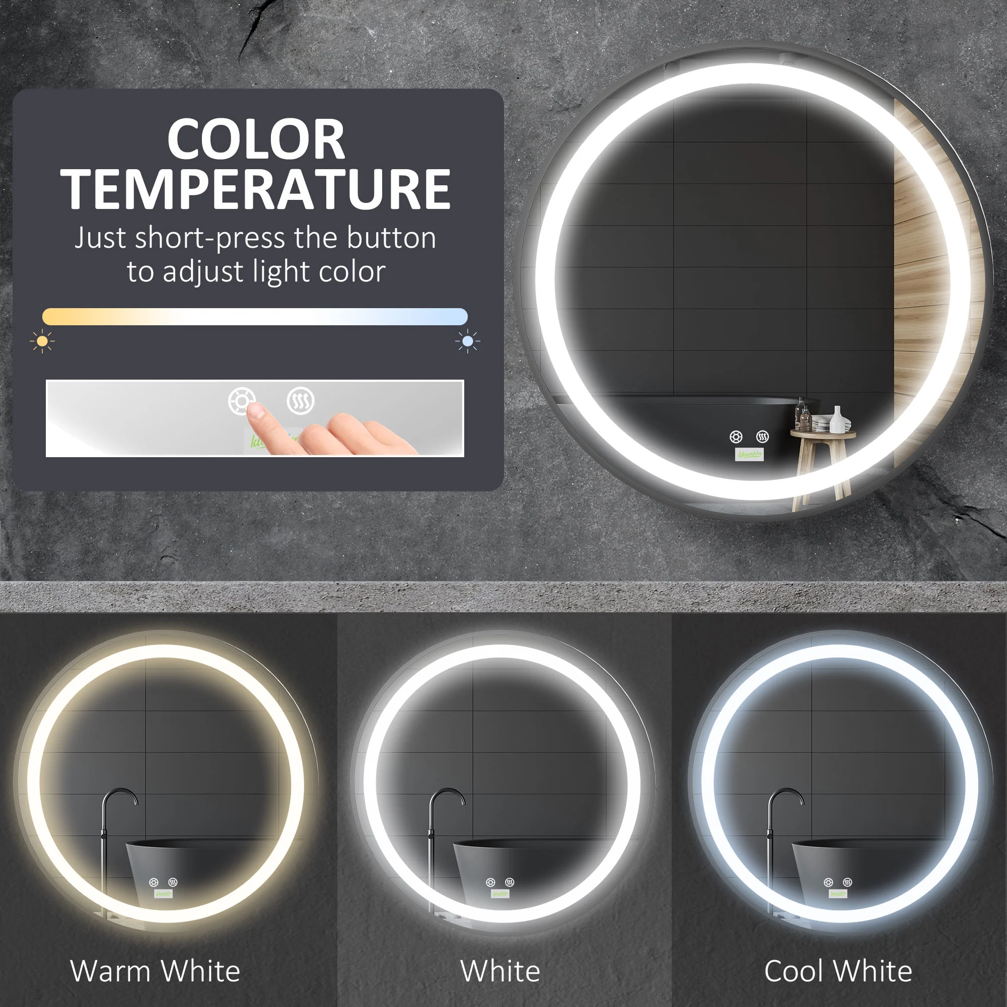 LED Bathroom Mirror, Dimmable Anti Fog, 3 Temperatures, 24 Inch, Color - Image 6