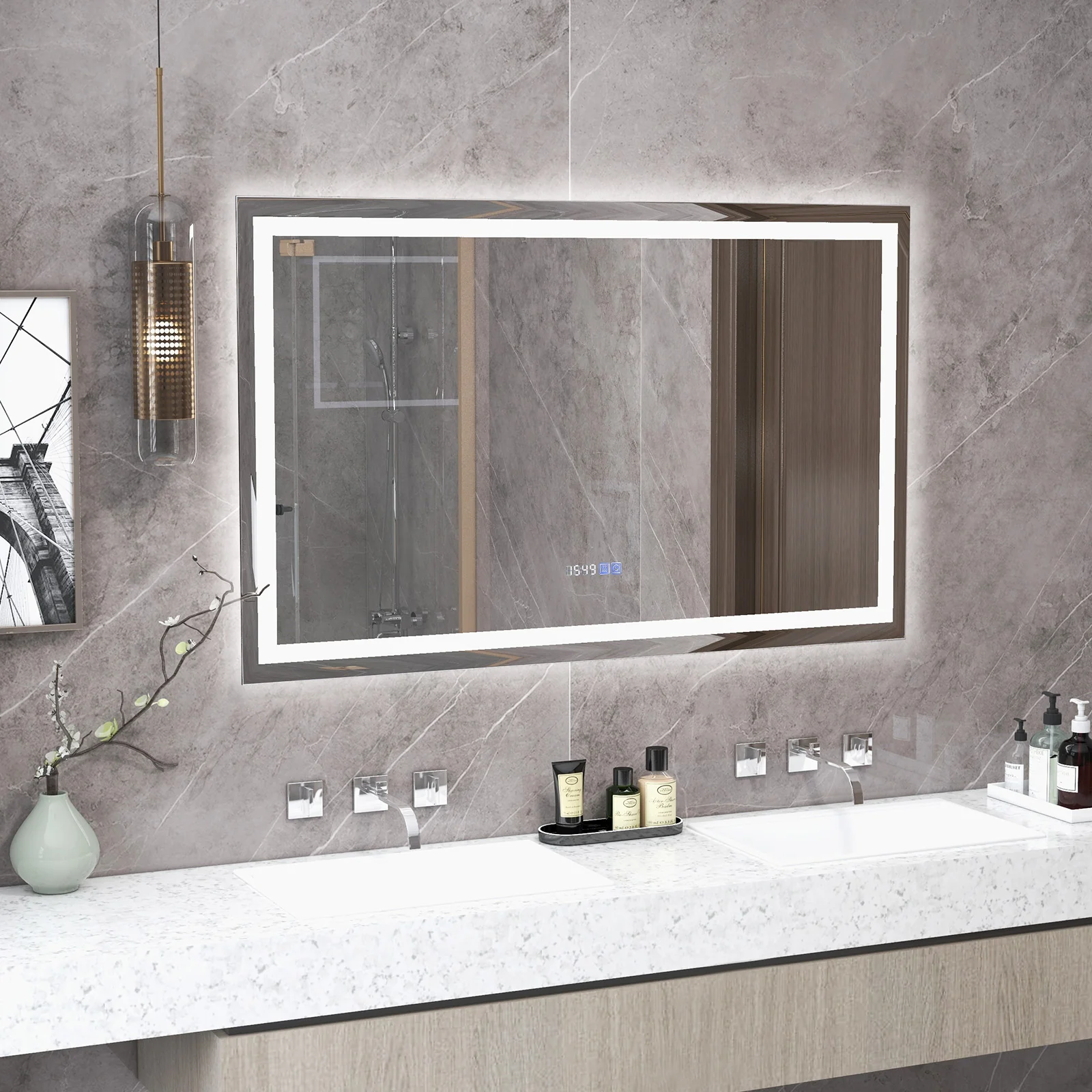LED Bathroom Mirror, Wall Mounted Rectangle, 3-Color Dimmable Lights, L, Silver - Image 2