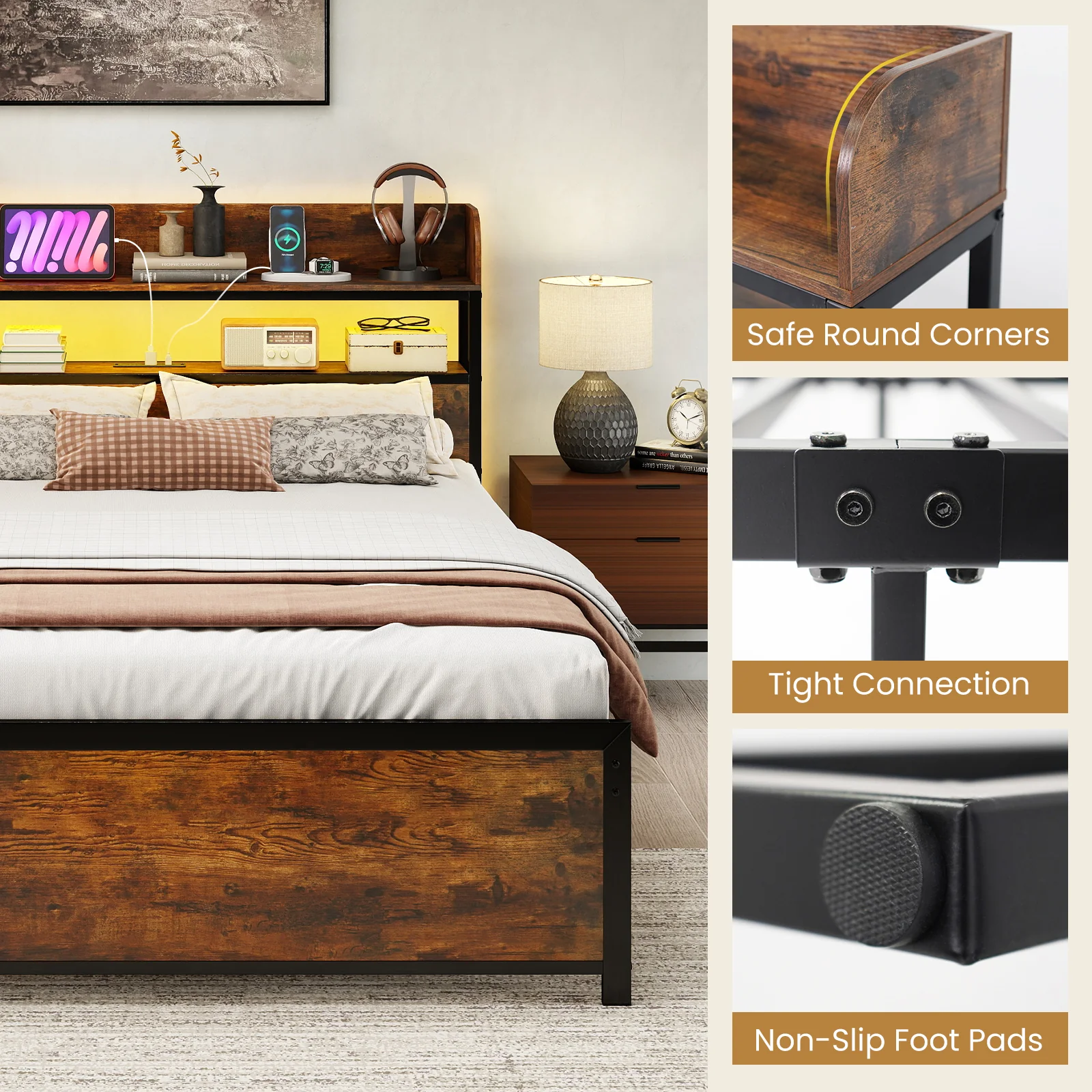 LED Bed Frame with Power Outlets and Storage Headboard-Full Size - Image 10