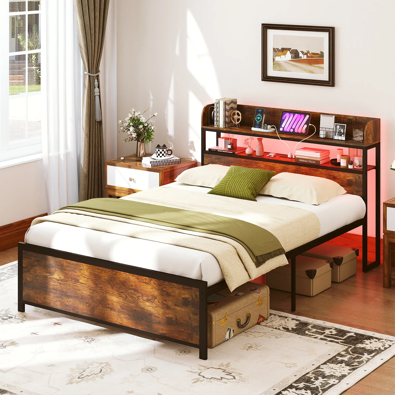 LED Bed Frame with Power Outlets and Storage Headboard-Full Size - Image 2