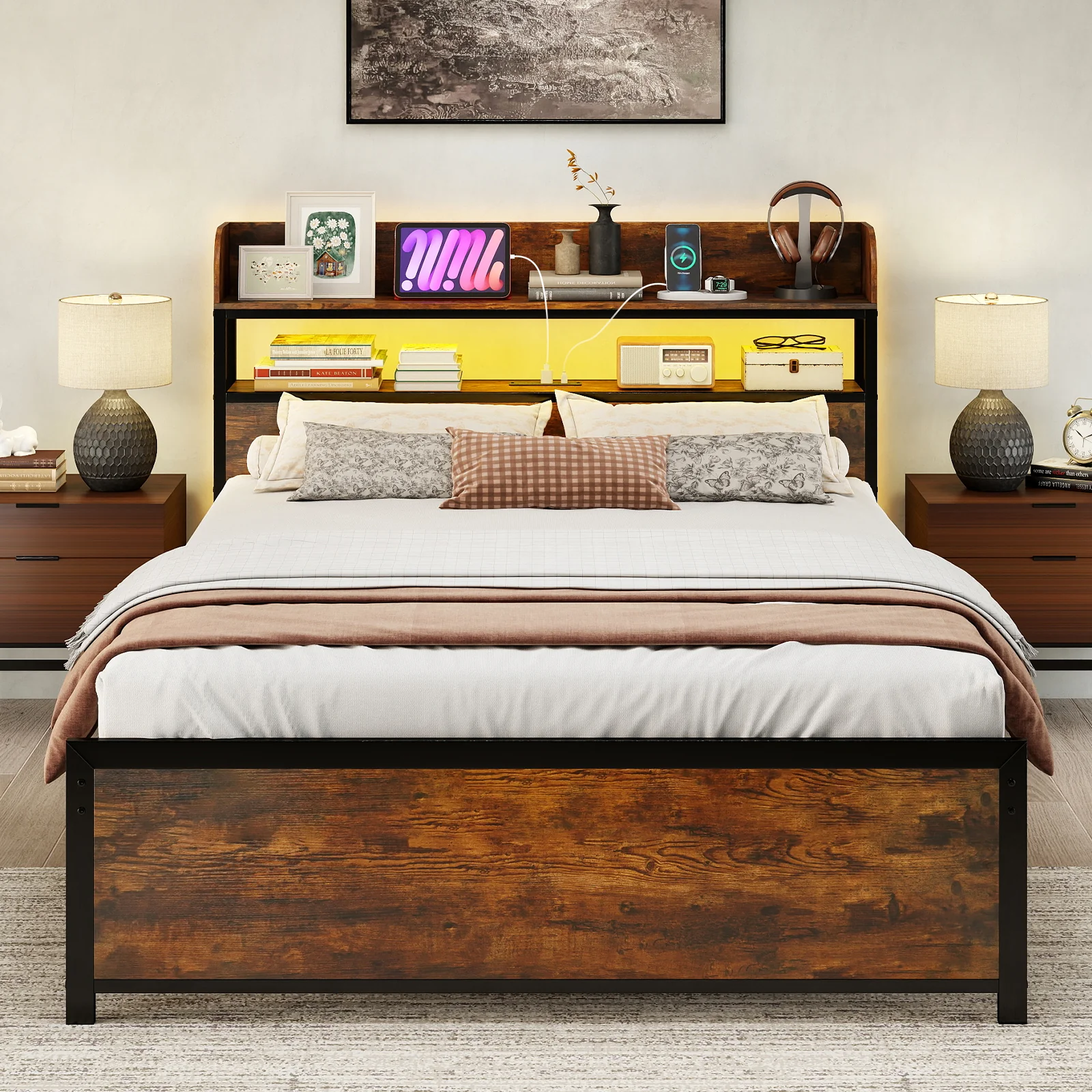 LED Bed Frame with Power Outlets and Storage Headboard-Full Size - Image 3