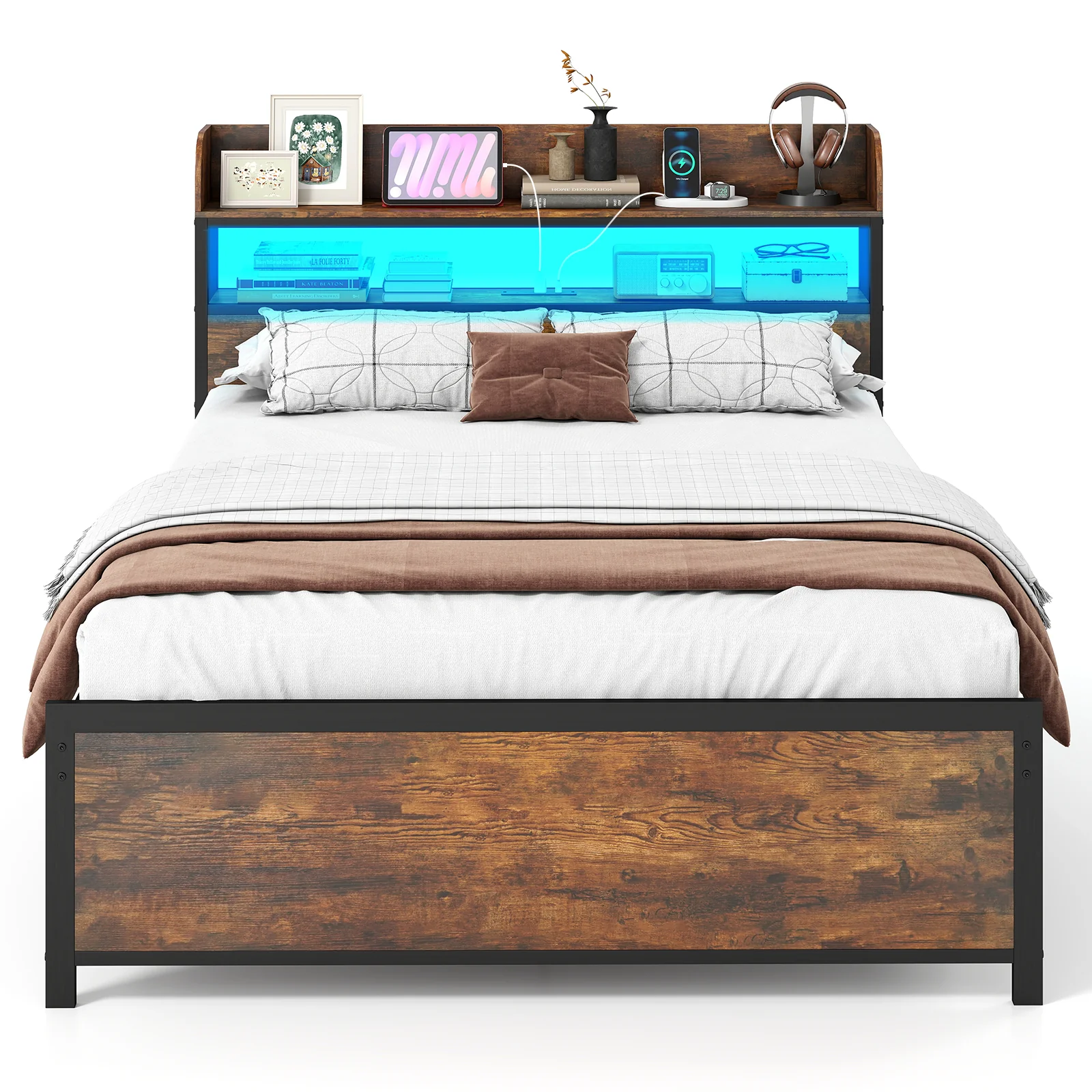 LED Bed Frame with Power Outlets and Storage Headboard-Full Size - Image 4