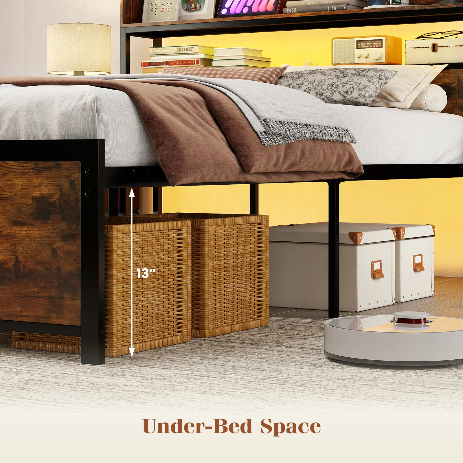 LED Bed Frame with Power Outlets and Storage Headboard-Full Size - Image 5