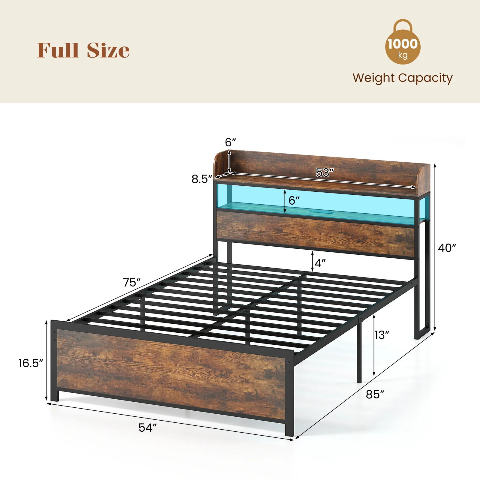 LED Bed Frame with Power Outlets and Storage Headboard-Full Size - Image 6