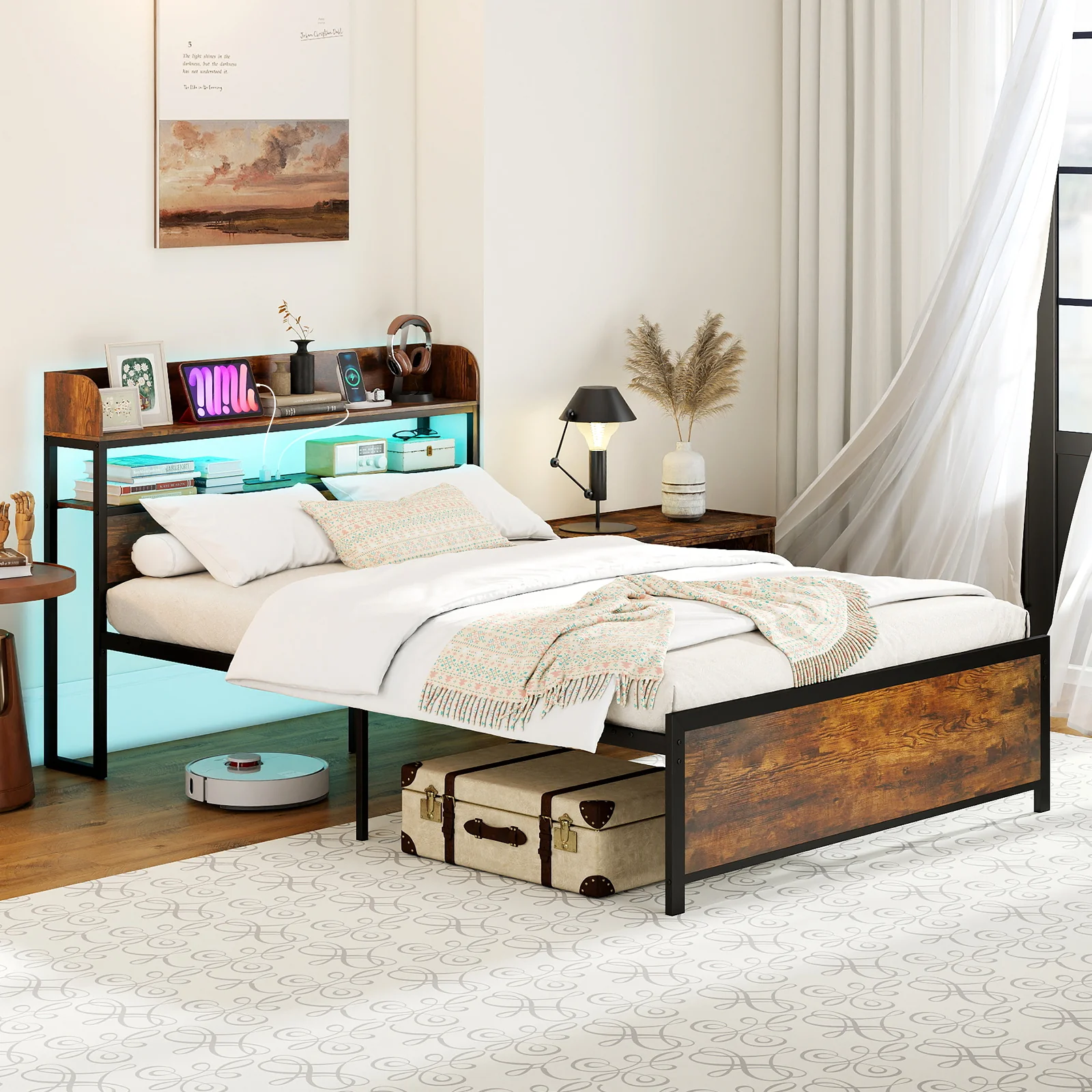 LED Bed Frame with Power Outlets and Storage Headboard-Full Size - Image 7
