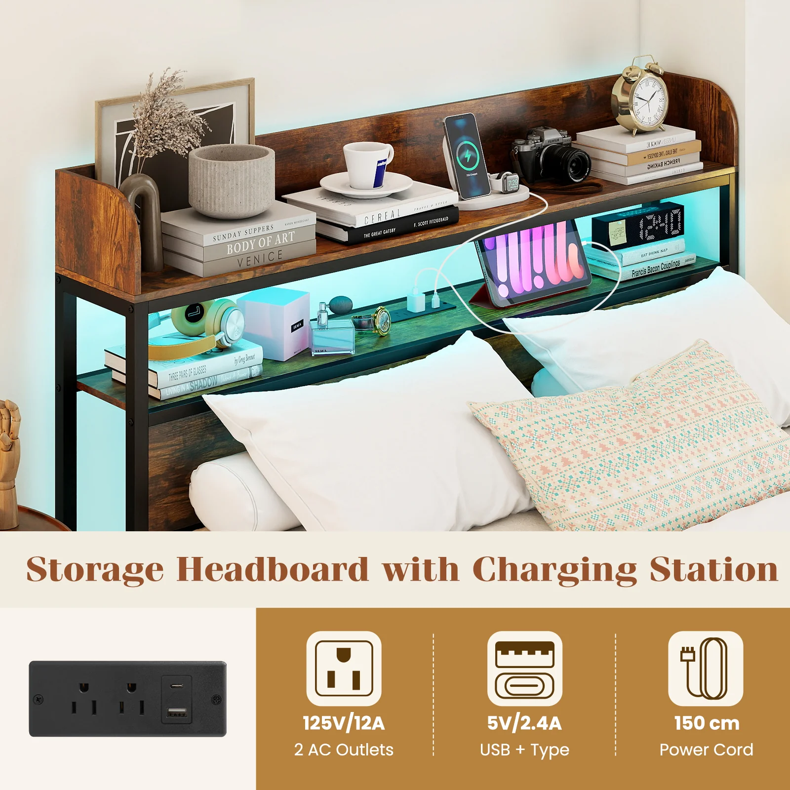 LED Bed Frame with Power Outlets and Storage Headboard-Full Size - Image 8