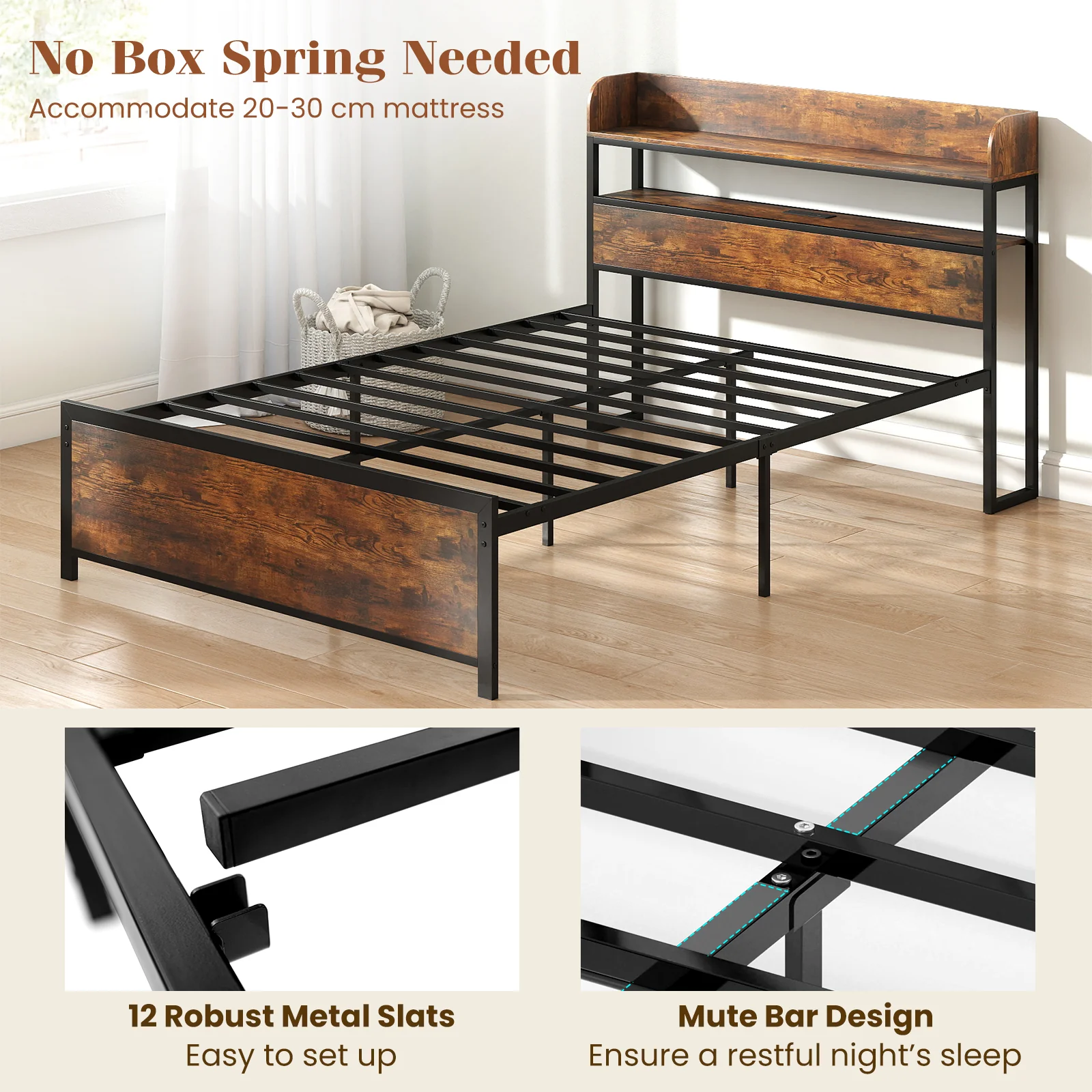 LED Bed Frame with Power Outlets and Storage Headboard-Full Size - Image 9