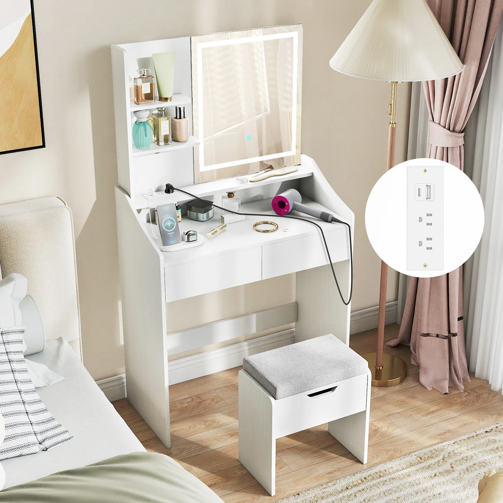 LED Lighted Makeup Vanity Desk, 3 Color Modes, White - Image 10
