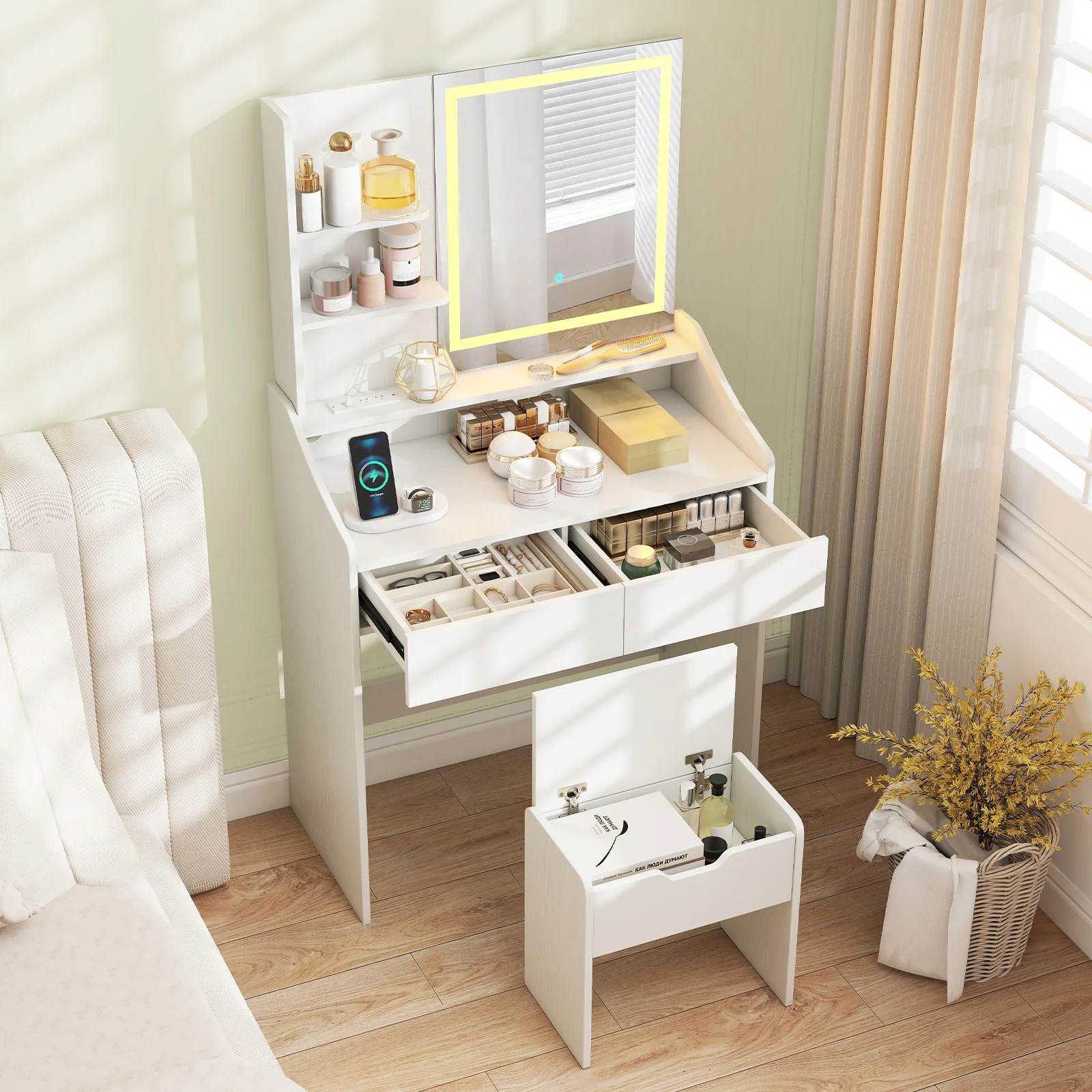 LED Lighted Makeup Vanity Desk, 3 Color Modes, White - Image 2