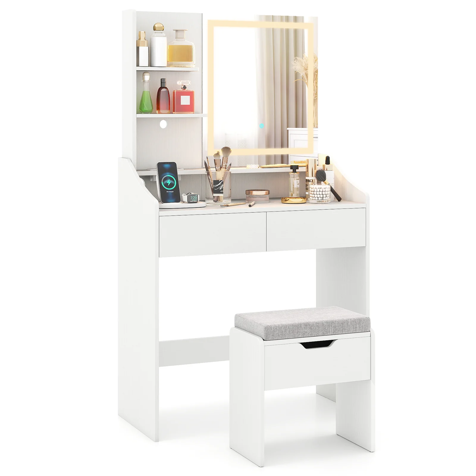 LED Lighted Makeup Vanity Desk, 3 Color Modes, White - Image 4