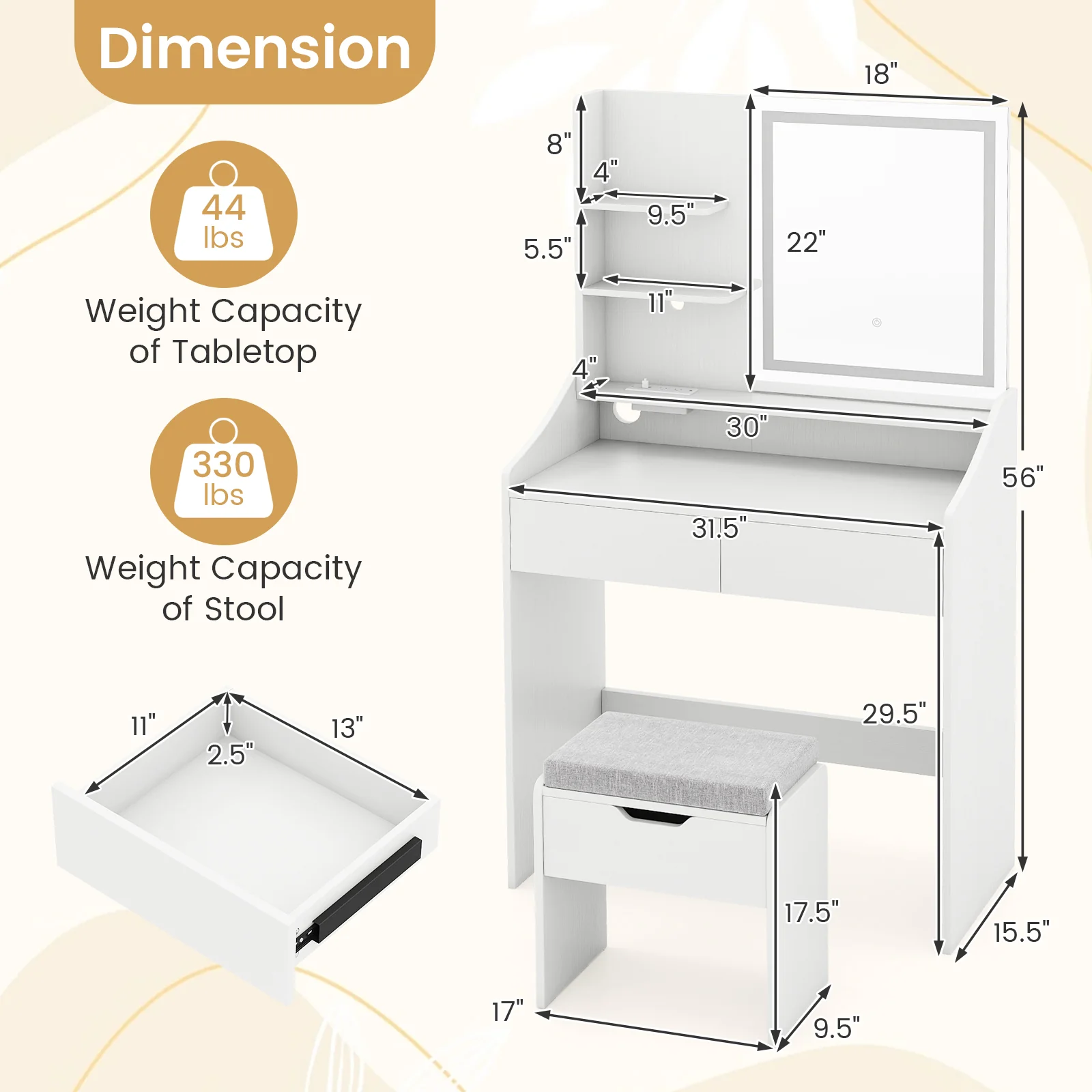 LED Lighted Makeup Vanity Desk, 3 Color Modes, White - Image 6