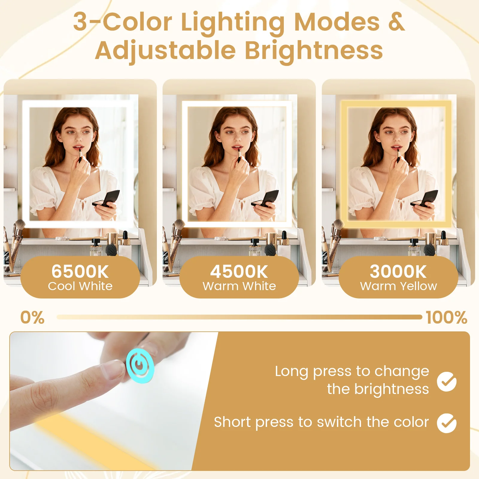 LED Lighted Makeup Vanity Desk, 3 Color Modes, White - Image 8