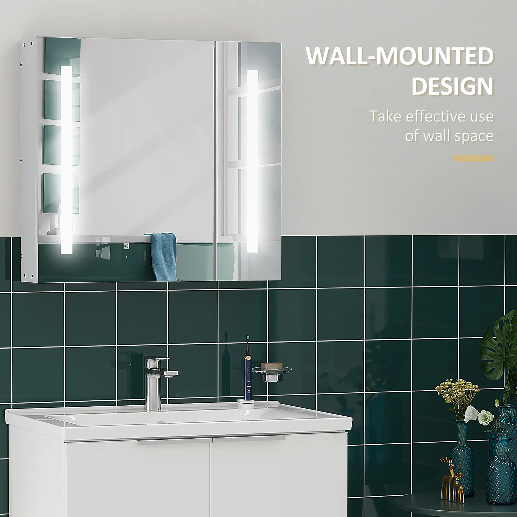 LED Medicine Cabinet with Mirror, 27.5" x 25.5", Adjustable Shelf, USB, White - Image 4