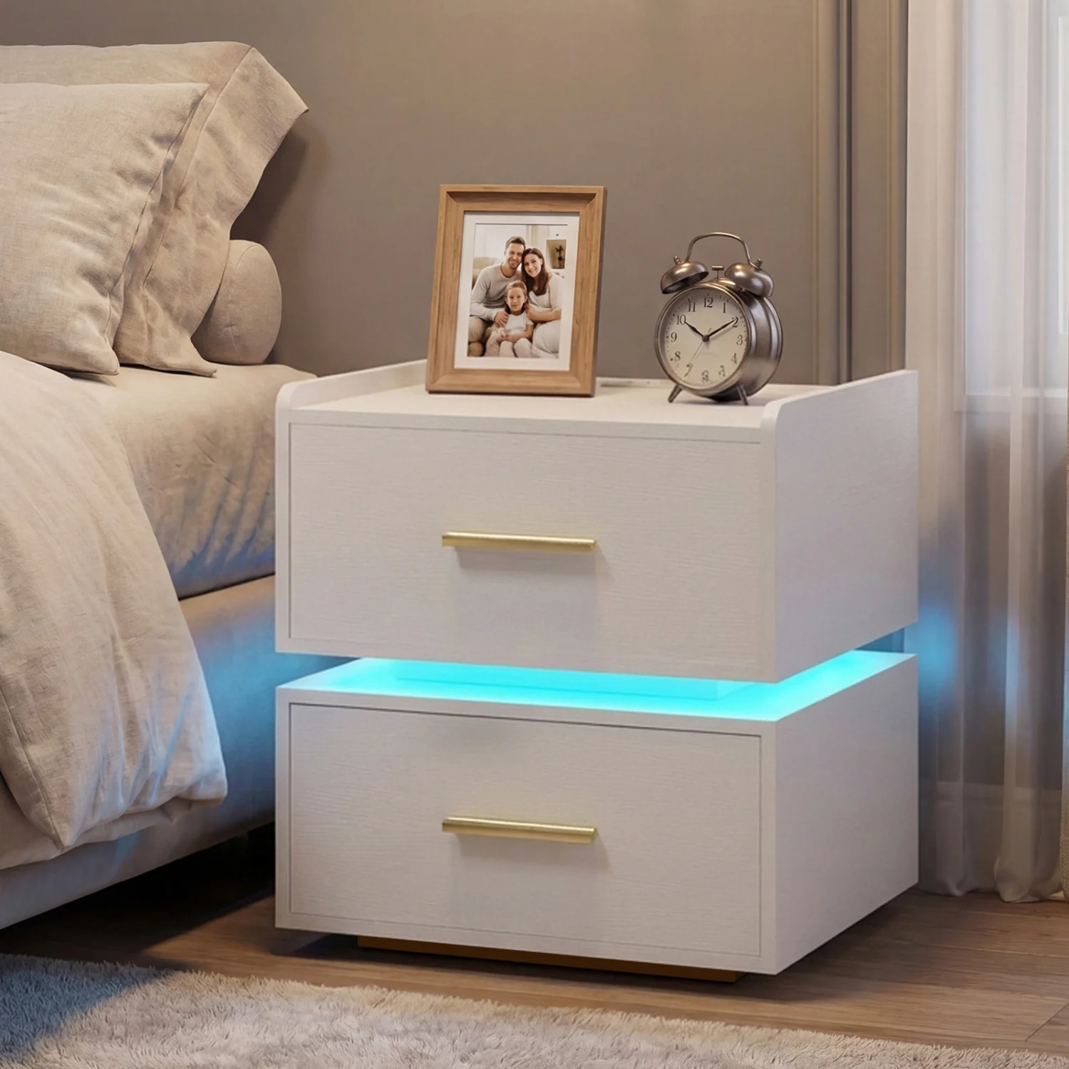 LED Nightstand With Charging Station, 2 Storage Drawers, White - Image 2