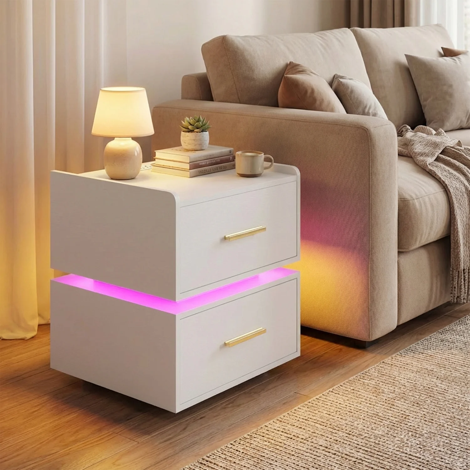 LED Nightstand With Charging Station, 2 Storage Drawers, White - Image 3