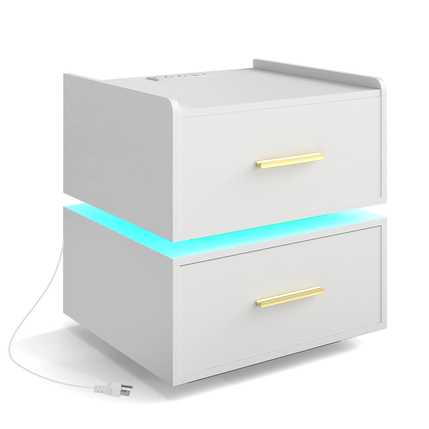 LED Nightstand With Charging Station, 2 Storage Drawers, White - Image 4